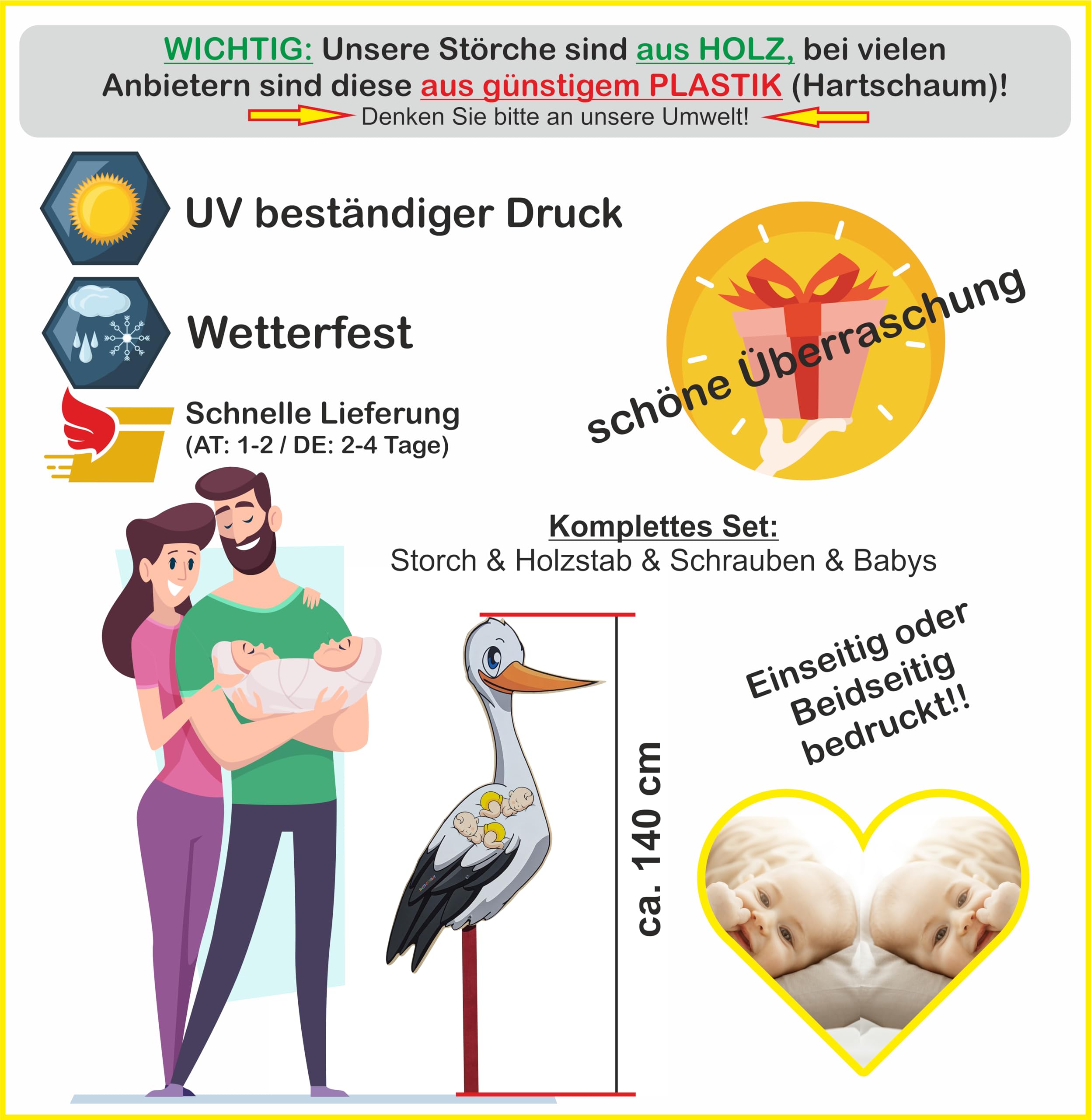 140 cm - Babystorch für ZWILLINGE Geburt GELB 2 Babys (Druck: ZWEISEITIG*) | Süßer, kleiner Klapperstorch für draußen, Storch zur Geburt