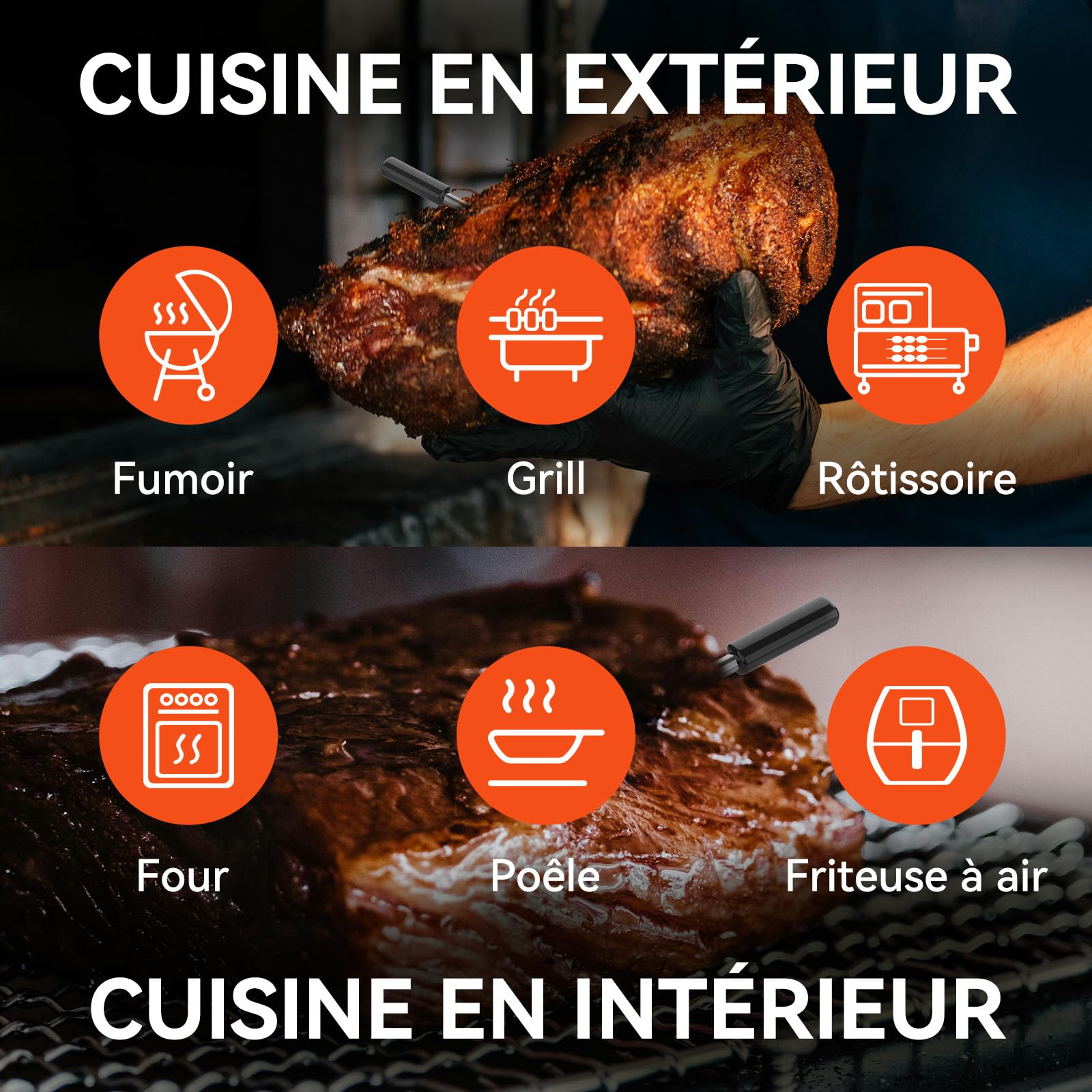 Pro Thermomètre à viande avec Wi-Fi et Bluetooth, surveillance par application avec minuterie et alarme, IP67 étanche et résistant à l'huile, thermomètre à viande sans fil pour Four, Barbecue