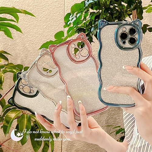 Miniatura 6 de Cutecasee Funda compatible con iPhone 13 Pro Max para mujeres y niñas, diseño de orejas de gato de lujo, chapado en purpurina en la parte posterior,