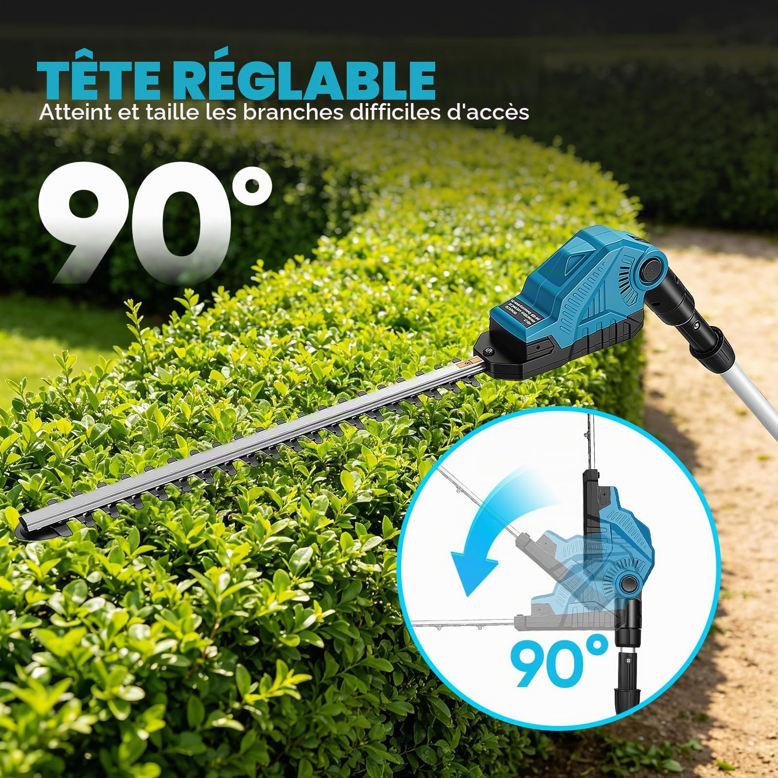 Taille Haie Télescopique sans Fil 550W 22000 TR/Min, 16" Lame Double Action, 2×2,0Ah Batterie & Chargeur Rapide, Tête 90° 2,8m/9 Pieds Taille Haie Batterie pour Taille des Haies