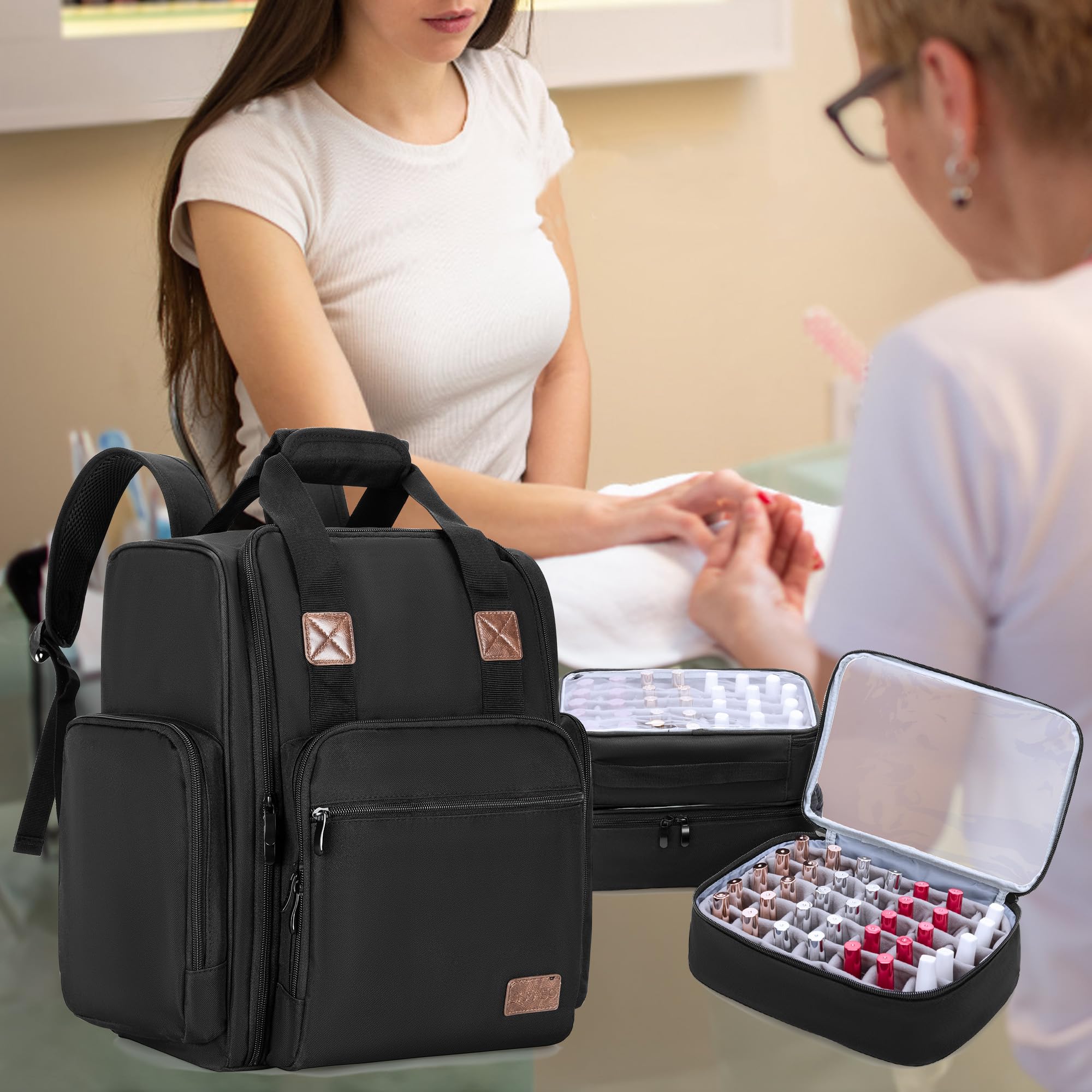 BAFASO Mochila Organizadora de Esmaltes de Uñas Sostiene 105 Botellas,Negro | Bolsa para Esmalte de Uñas con 3 Bolsas Extraíbles, Sostiene Lámpara de Uñas, (Solo Bolsa)