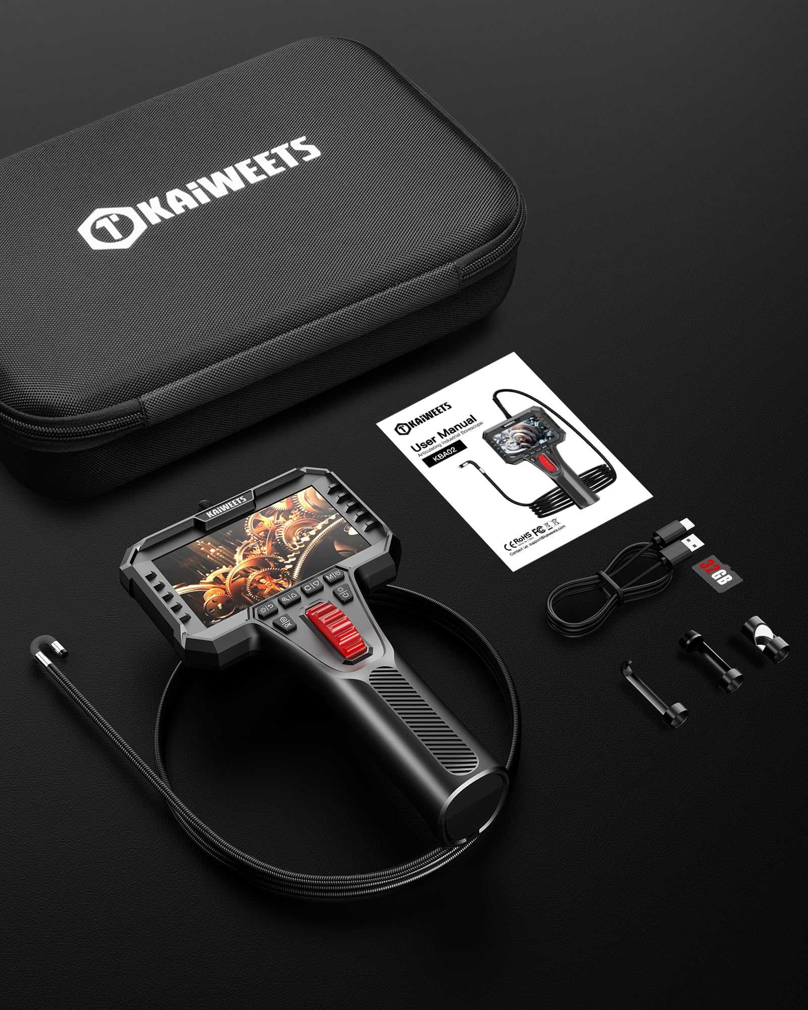 KAIWEETS Endoskopkamera mit Licht, 2-Wege artikulierte 210° Sonde (6,5 mm) mit Scrollradsteuerung, 1080P IPS-Display, 1,6 m halbstarres Kabel, IP67 wasserdicht, für Auto, Heizung, Sanitär & Industrie