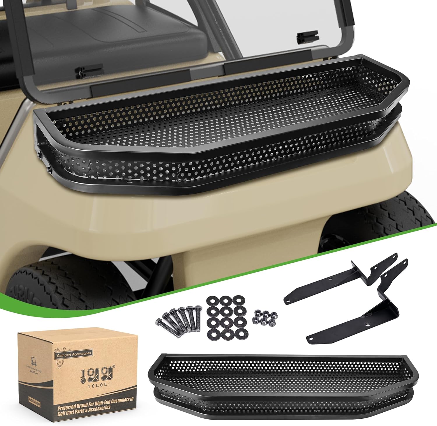 Club Car DS/Precedent Front Cargo Basket Clay Outer Utility with Mounting Brakets for Gas & Electric Golf Carts, Heavy-Duty Steel Drop Mesh Storage Rack