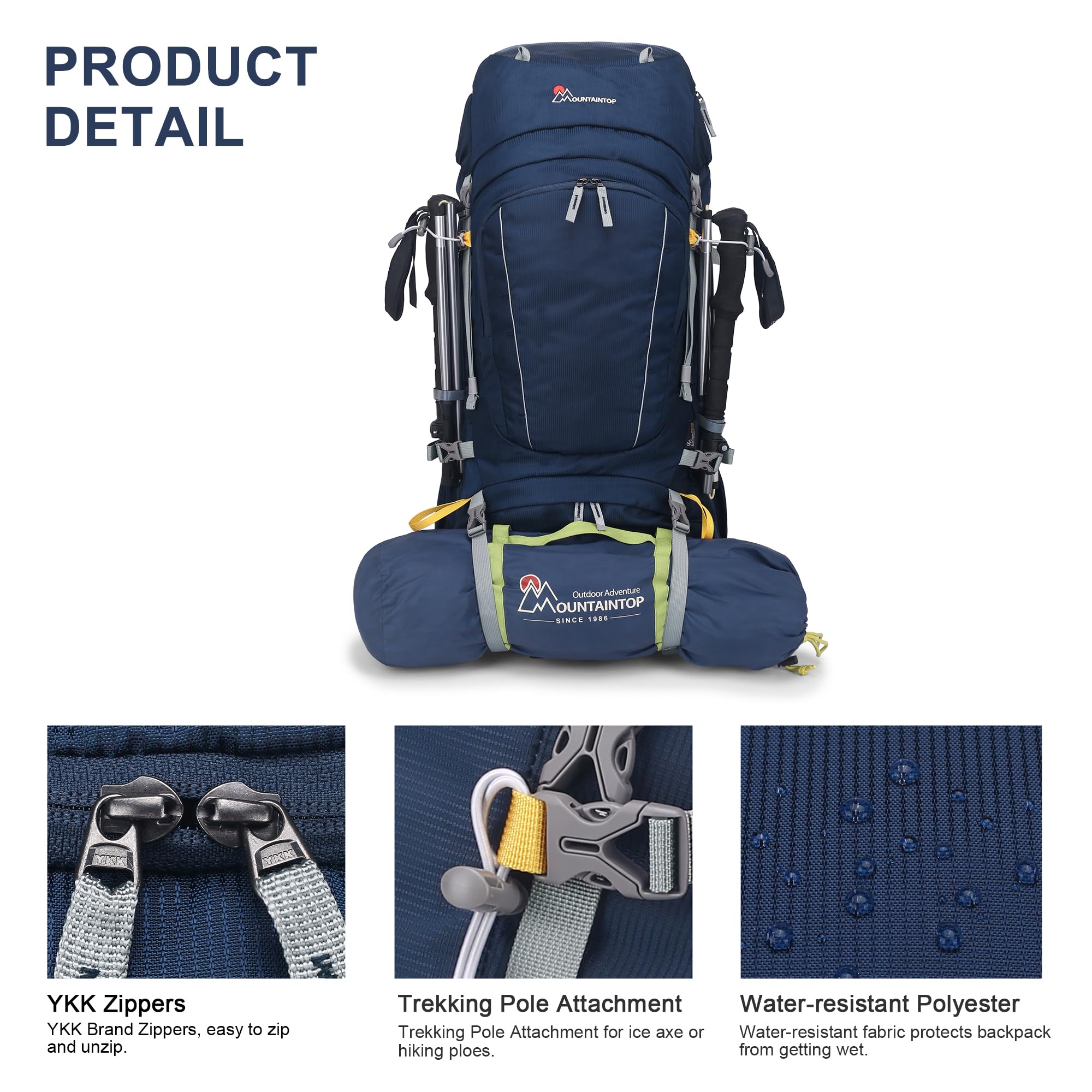 Mountaintop Sac à dos de trekking 60 l - Pour homme et femme - Grand sac à dos avec protection contre la pluie - Pour l'extérieur, les voyages, le camping, le trekking