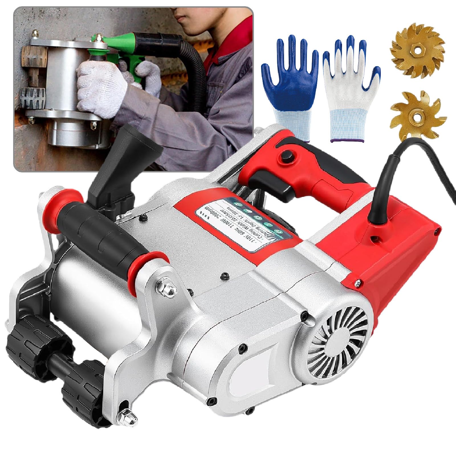 SENJINGHUA 1100W Wall Chaser, Electric Groove Cutting Machine, 2000RPM Concrete Brick Slotting Tool with 15-30mm Adjustable Depth, 25/35mm Slot Width Red-220V