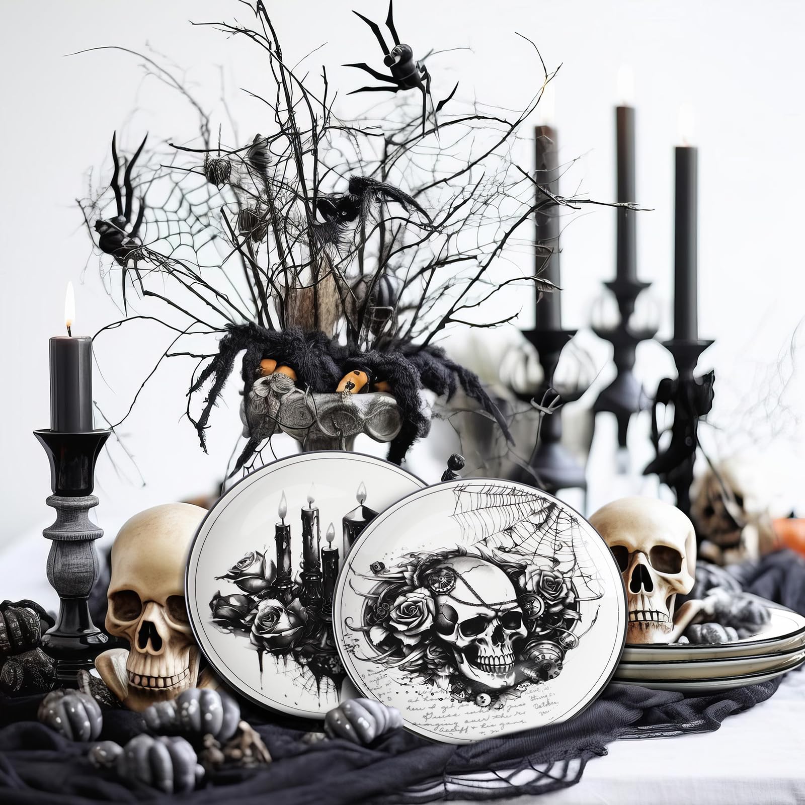 Vesici 4 Stück Halloween Gothic Geschirr Halloween Muster Keramik Teller Gothic Geschirr Set Schädel Speiseteller Küche Dekoration Gruseliges Geschenk für Zuhause Deko