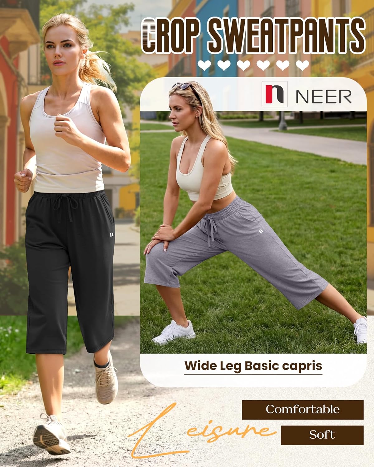 Neer 3 Pack Women's Capri Pants, Wide Leg Basic Sweatpants Lounge Loose Fit Casual Drawstring Yoga Capris with Pockets - Image 2