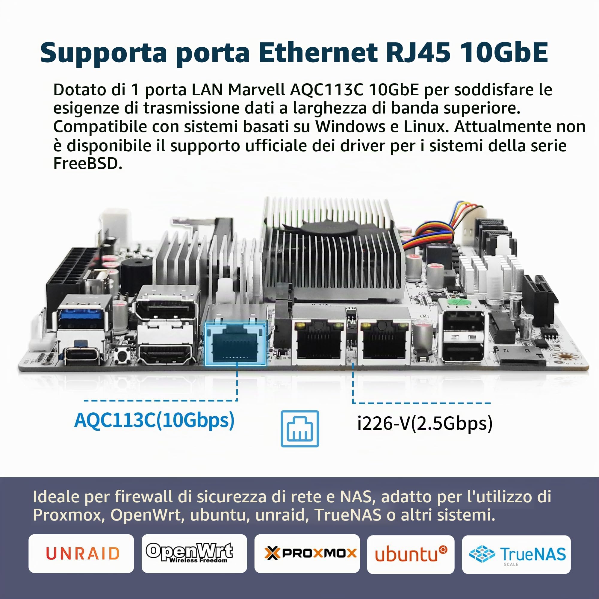 CWWK NAS Motherboard 8 Bay con 10GbE RJ45, N150 CPU Mini ITX Scheda madre Bianco M8, 2 x NVMe, Dual 2.5GbE LAN, M.2 WiFi, USB-C, DDR5 NO RAM/SSD, PCIe x1, TF (2x 4-SATA Cable)