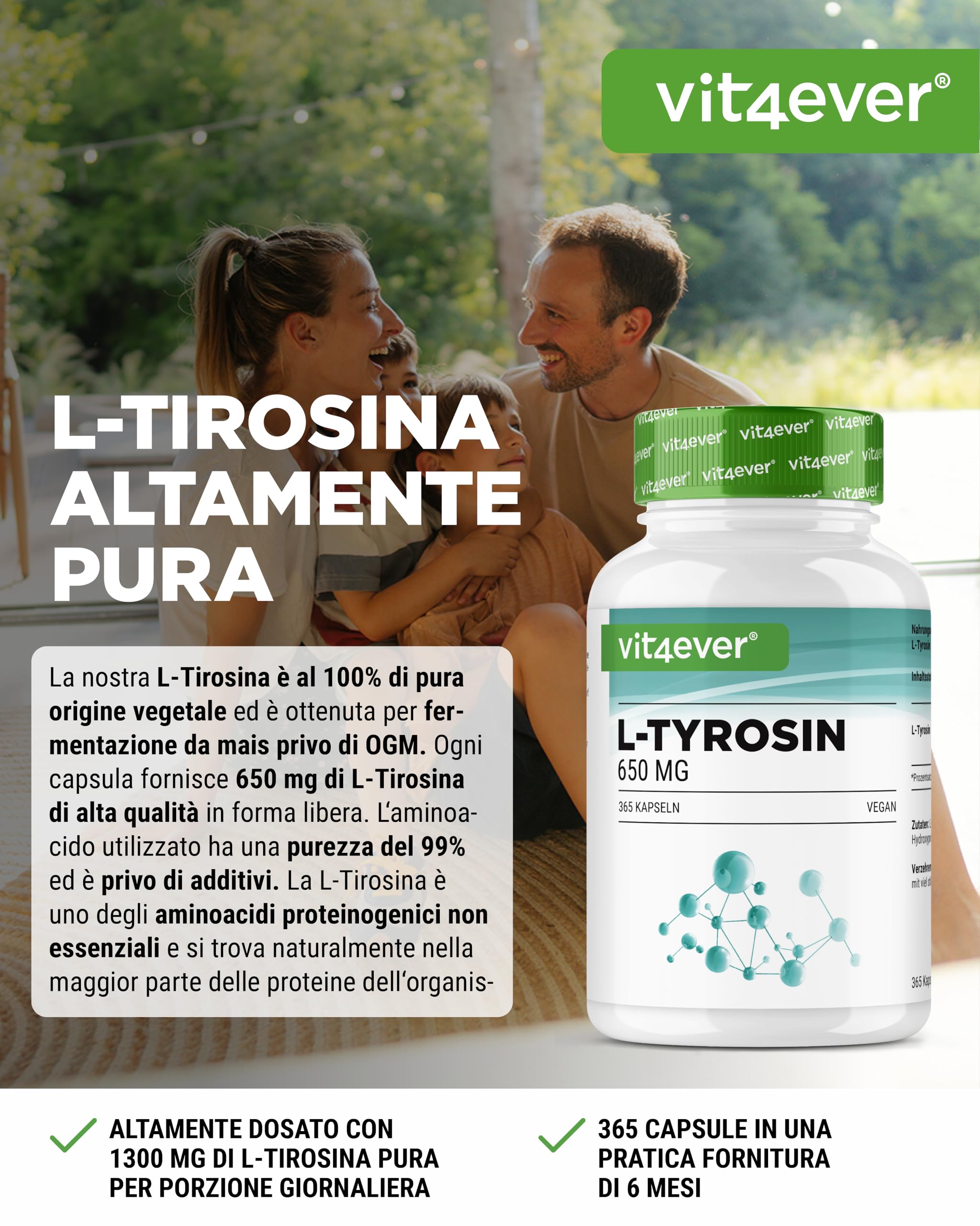 L-Tirosina - 365 capsule vegane - Dose extra-elevata con 1300 mg per dose giornaliera - Amminoacido puro da fermentazione vegetale - Vegano - Altamente dosato