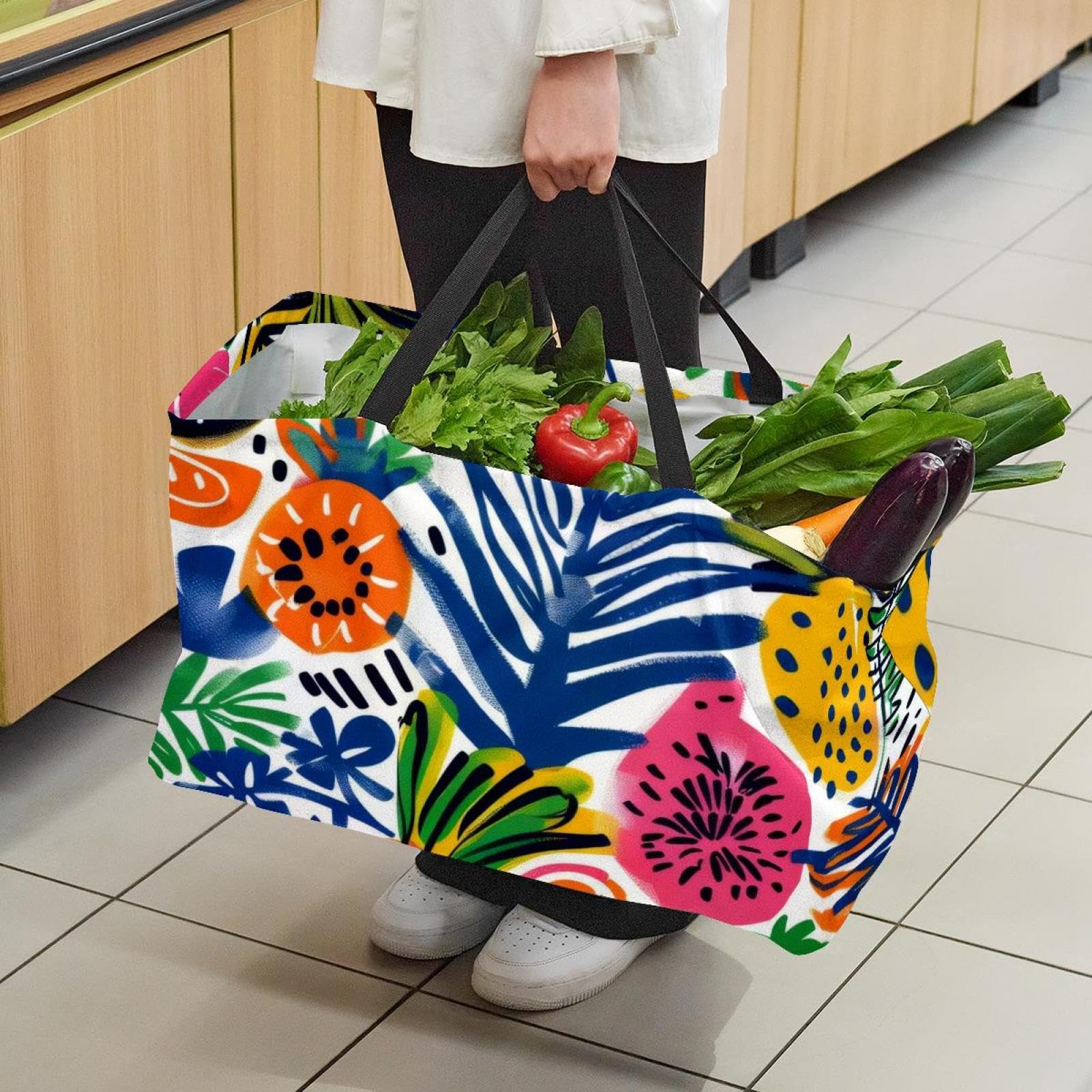 Sac à provisions réutilisable, joli motif tropical d'été, sac fourre-tout robuste, pliable, lavable, pour pique-nique, camping, multicolore, 22.0x12.6x11.4 in/56x29x32 cm