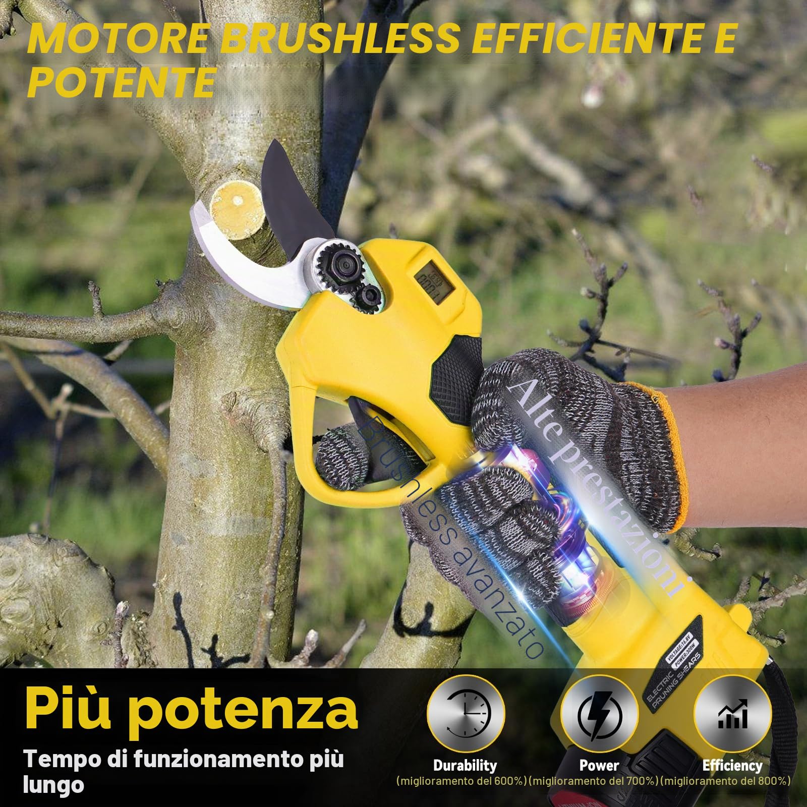 Forbici Potatura a Batteria 35mm 2 Batterie 21V 2.0Ah, Cesoie Elettriche con Motore Brushless, Lame SK5 Rivestite in PTFE per Giardino, Ulivi e Alberi da Frutto Giallo