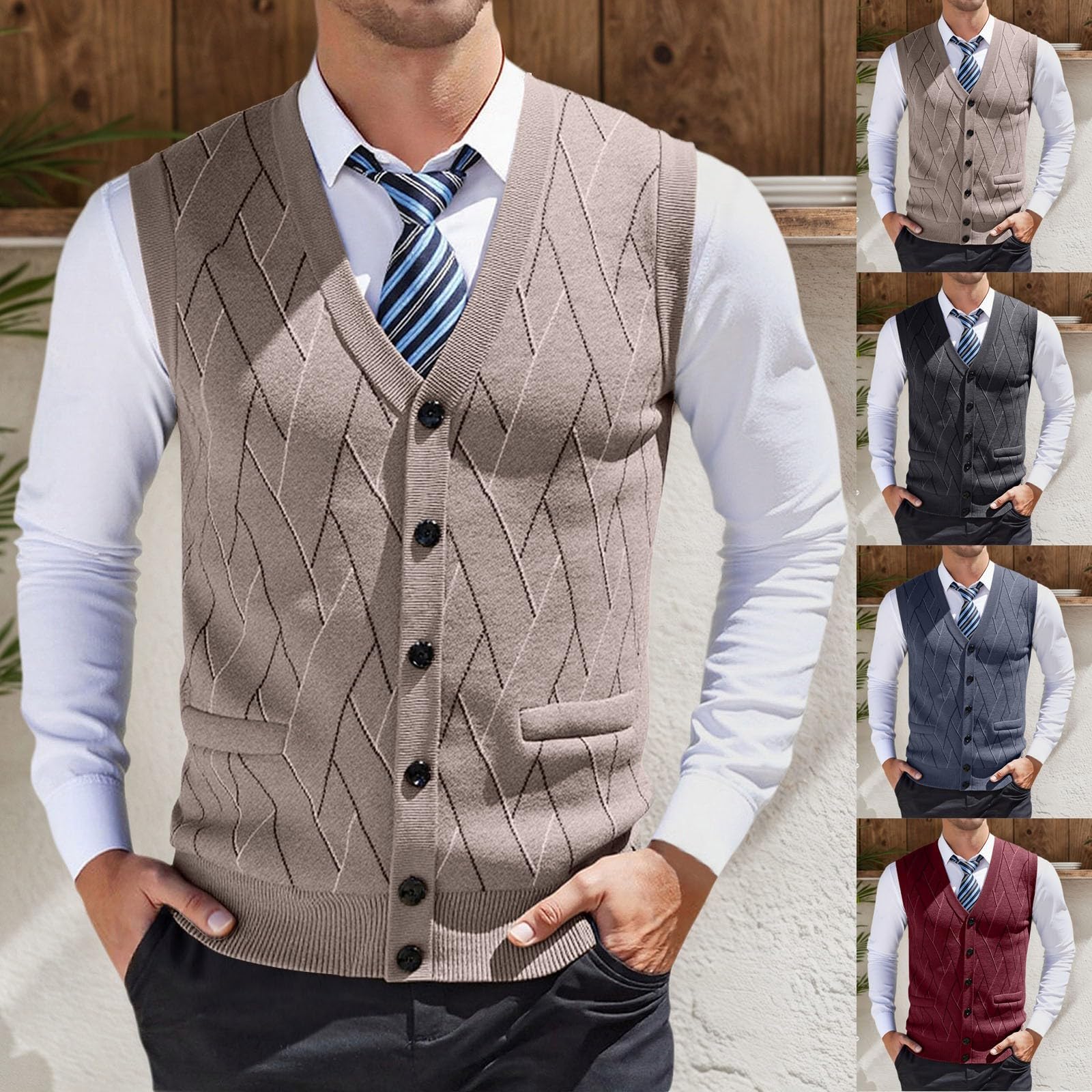 Generisch Herren Pullover Weste V Ausschnitt Business Karomusterdruck Strickweste Casual Cardigan Mit Knopfleiste Pullunder Herren Freizeit Ärmellose Pulloverwestee Strickpullover