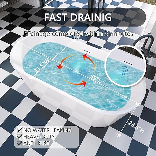 Miniatura 5 de Bañera independiente de 59 pulgadas, bañera independiente de acrílico puro, elegante y contemporánea, con certificación cUPC SY1550 (blanco