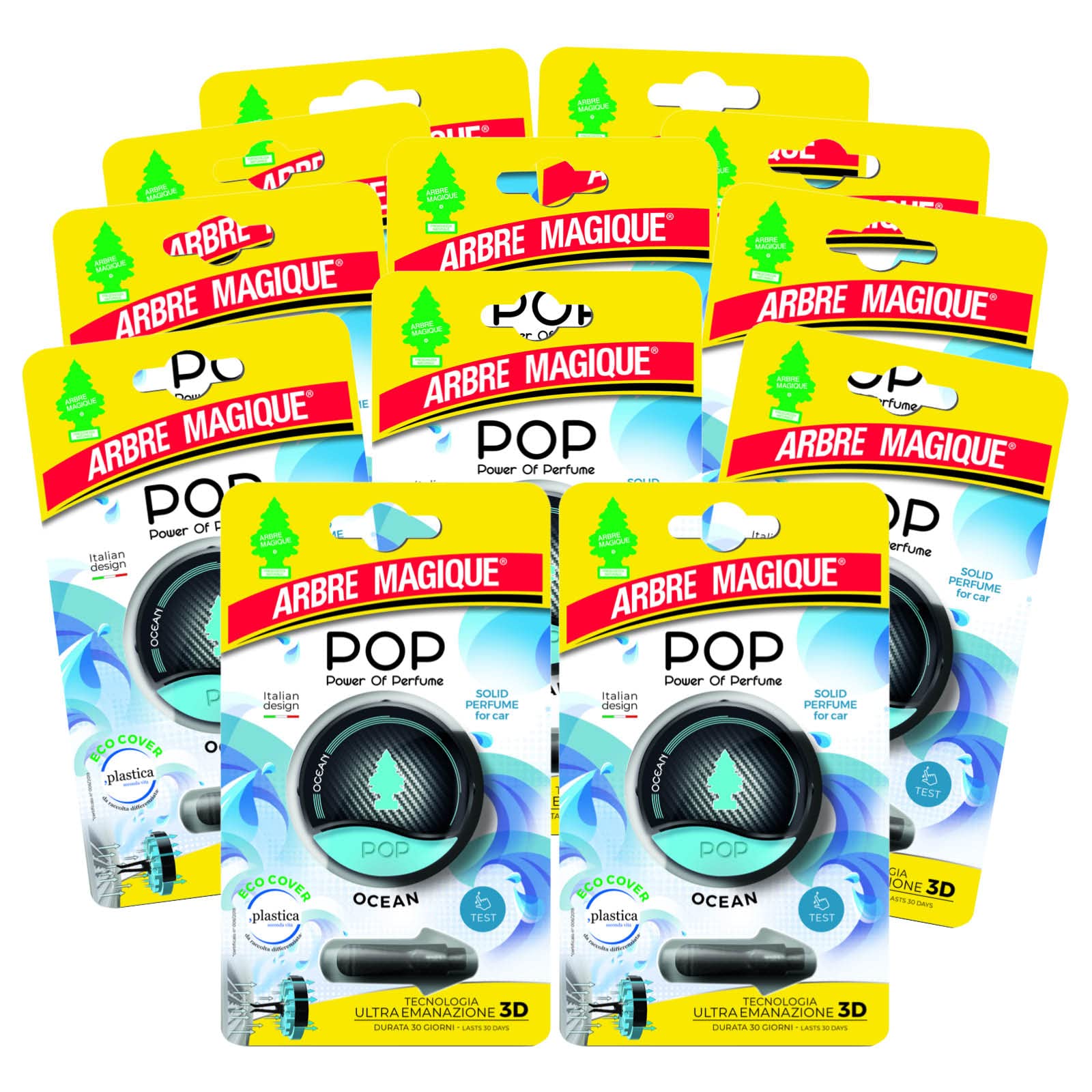 Arbre Magique POP, Profumatore Auto Solido, Fragranza Ocean, Profumazione Delicata e Fresca, Durata Fino a 30 Giorni, Design Italiano, Confezione da 12 Pezzi