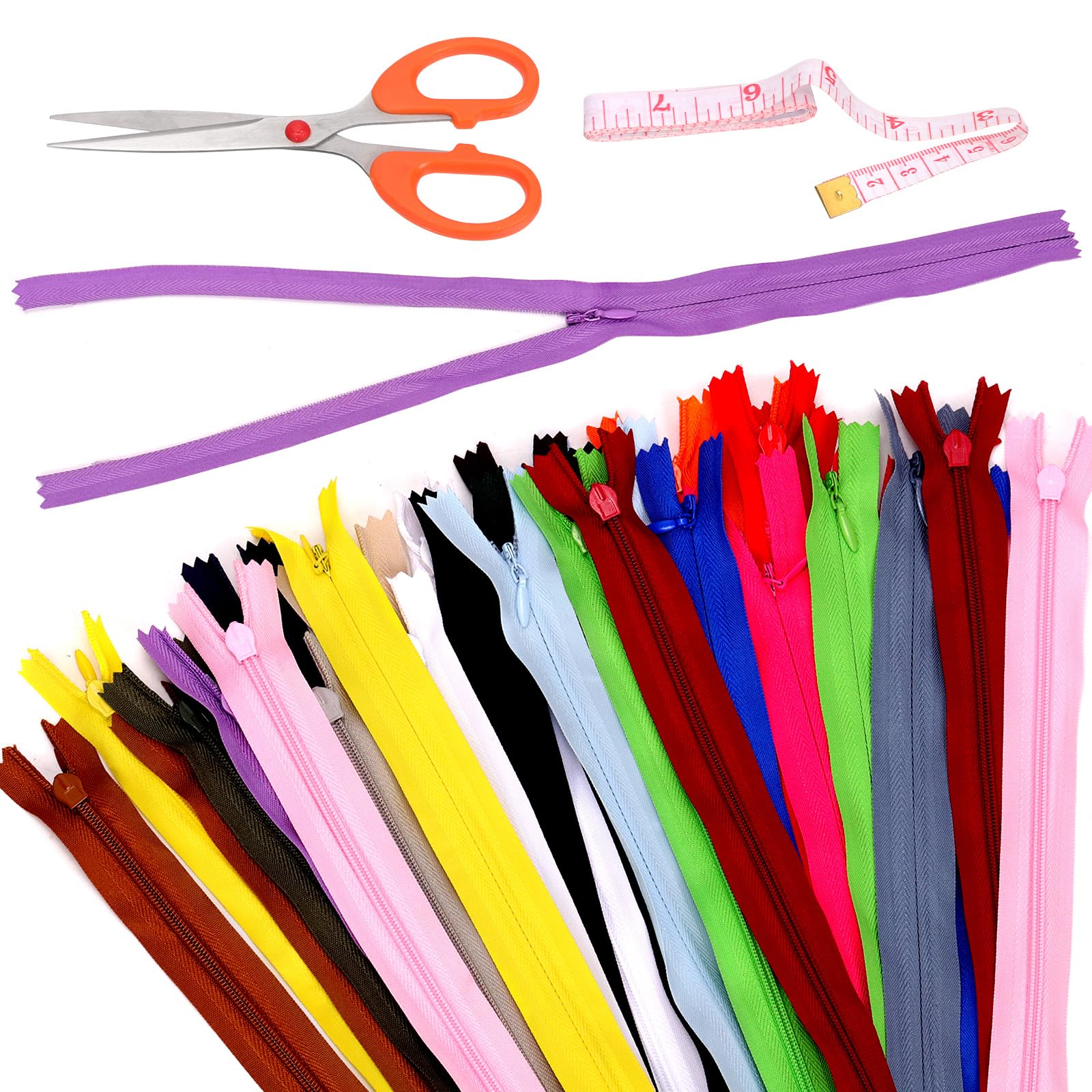 Keadic Lot de 42 fermetures éclair invisibles en nylon de 30 cm - Multifonctions faites à la main - Avec ciseaux, mètre ruban, pour couturier, couture, artisanat (20 couleurs