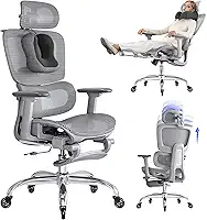 Cadeira de Escritório com Descanso para os Pés, Cadeira Ergonômica com Travesseiro para Pescoço e Rodas de Borracha, Cadeira Gamer com Encosto Ajustável e Apoios de Braço 3D, Cinza