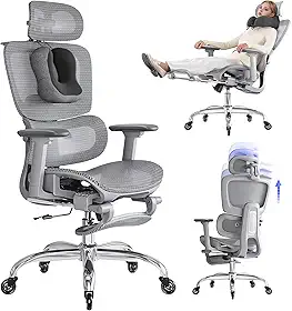 Cadeira de Escritório com Descanso para os Pés, Cadeira Ergonômica com Travesseiro para Pescoço e Rodas de Borracha, Cadeira Gamer com Encosto Ajustável e Apoios de Braço 3D, Cinza