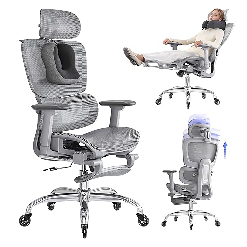 LarkLeaves Silla de Oficina Ergonómica con Reposapiés y Almohadilla Cervical - Respaldo Ajustable 5 Niveles, Soporte Lumbar 2D, Ruedas de Goma Silenciosas, Malla Transpirable para Oficina, Gris - Gris - Pro