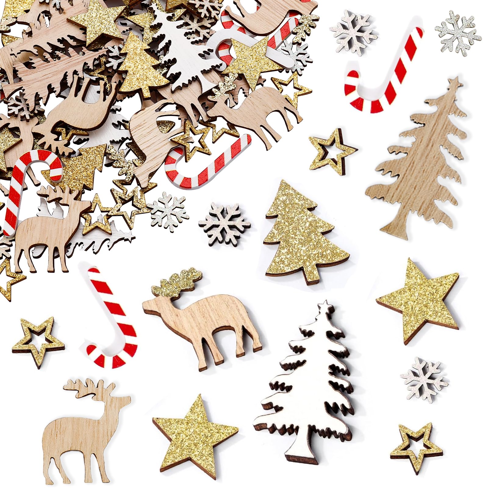 GoldRock 108 Stück Streudeko Weihnachten Holz Konfetti,Glitzer Tischdeko Weihnachten,Weihnachts Dekoration mit Stern,Schneeflocke,Rentier,Weihnachtsbaum,Weihnachtsdeko Kleinteile für Basteln,Geschenke