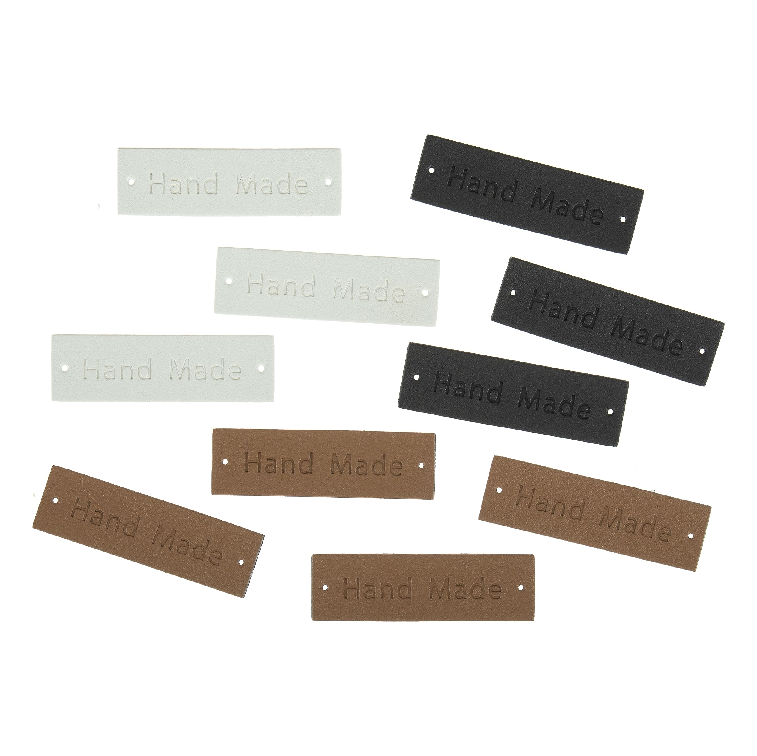 Milward Faux Leather Labels - Foldable Embossed Tags for Garments, Gifts, Sewing, Knitting - 4 x Tan 3 x Dark Grey 3 x White - 10pcs 1.5 x 5cm