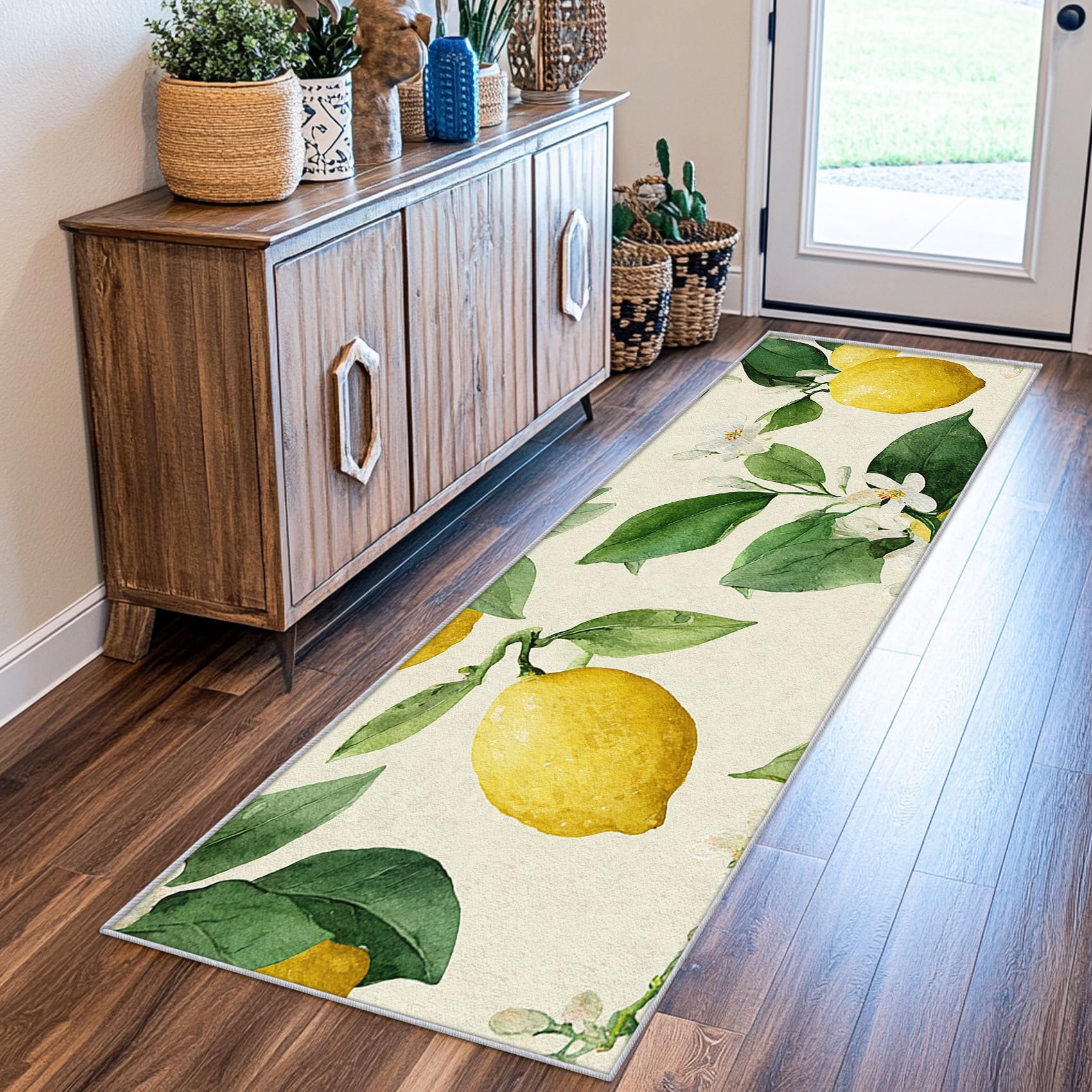 Generisch Läufer Flur Zitrone 60x180 Mit Frucht Blätter Blumen Grün Gelb Muster Extra Dünn Waschbar rutschfest, Zitrone Teppich Flurläufer Lang Für Eingangsbereich Schlafzimmer
