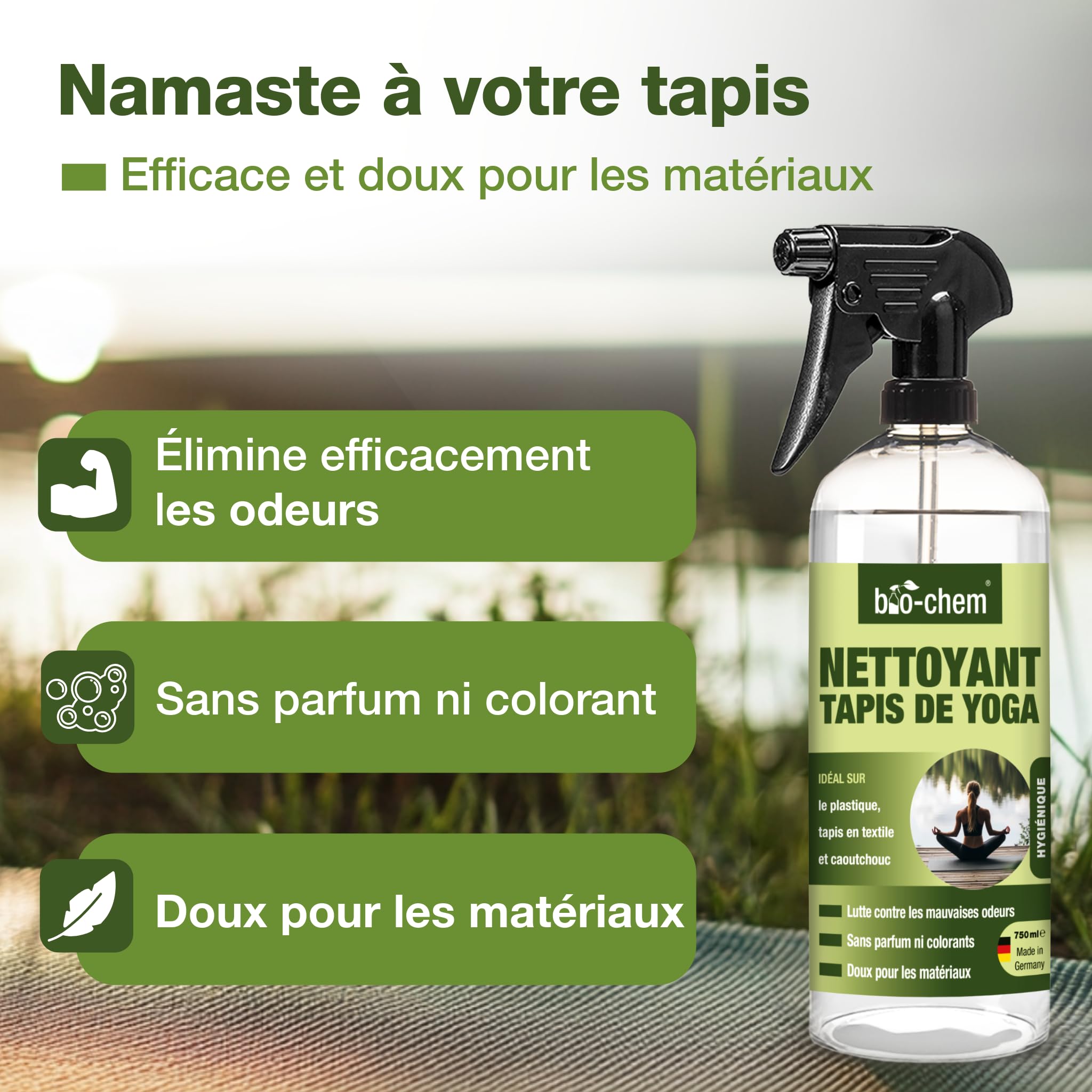 Bio-Chem - Produit nettoyant pour tapis de sport - Nettoyant tapis yoga fitness sport maison anti odeurs - Yoga accessoires de nettoyage tapis sport fitness