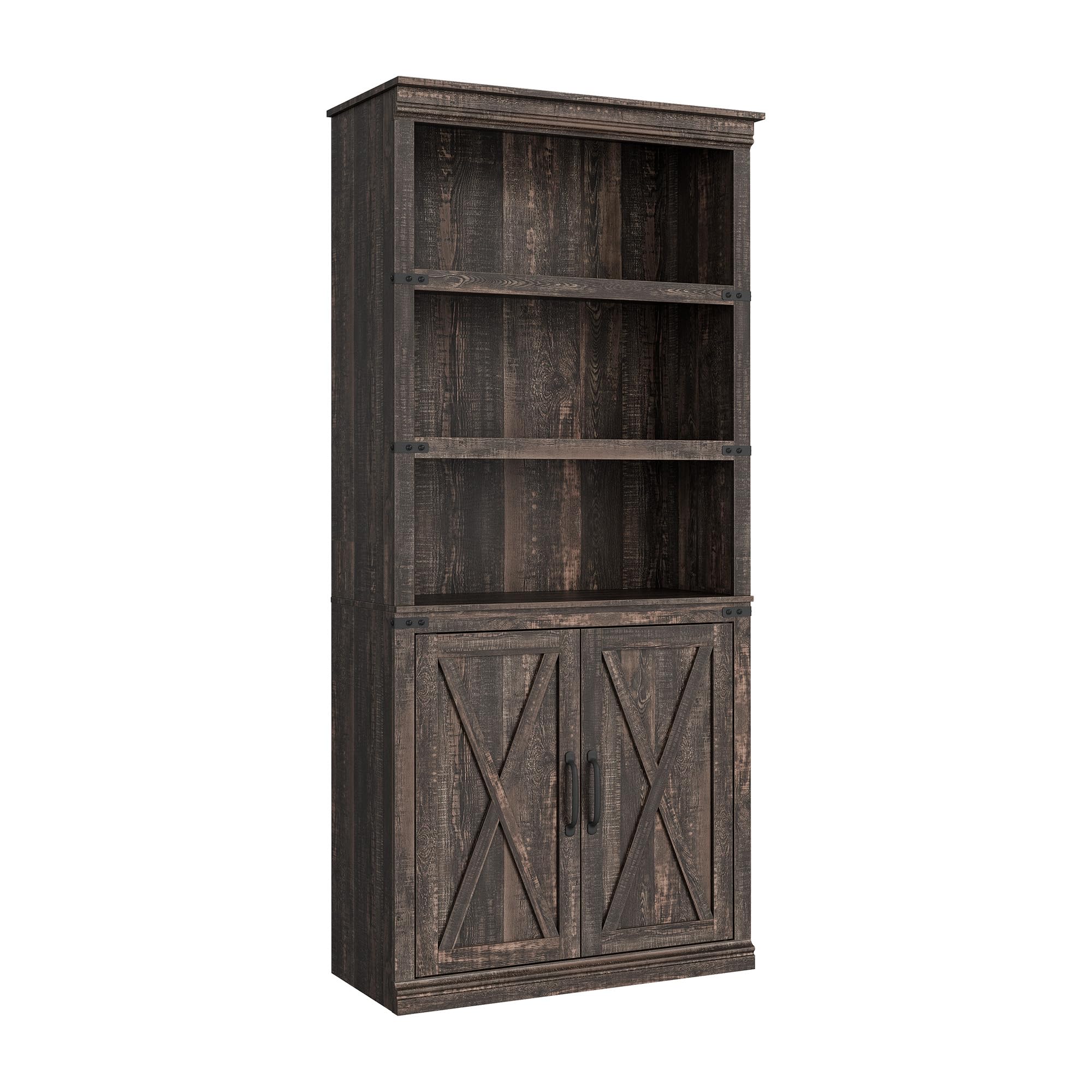 Bücherregal Mit 2 Türen, Standregal Mit 5 Ebenen, Industriestil Bücherschrank, Vitrinenschrank Aufbewahrungsregal Für Arbeitszimmer, Büro, Wohnzimmer, Schlafzimmer, Dunkle Eiche