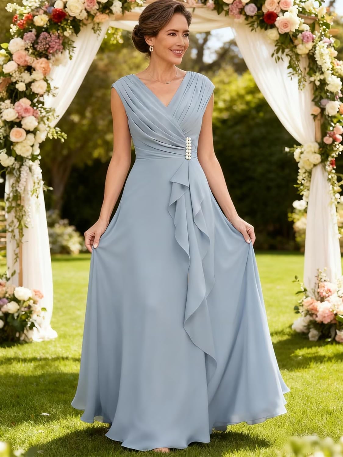 Long Chiffon Mother of The Bride Dresses for Women Pleated V Neck Formal Evening Dress with Slit JUK05 - Image 3