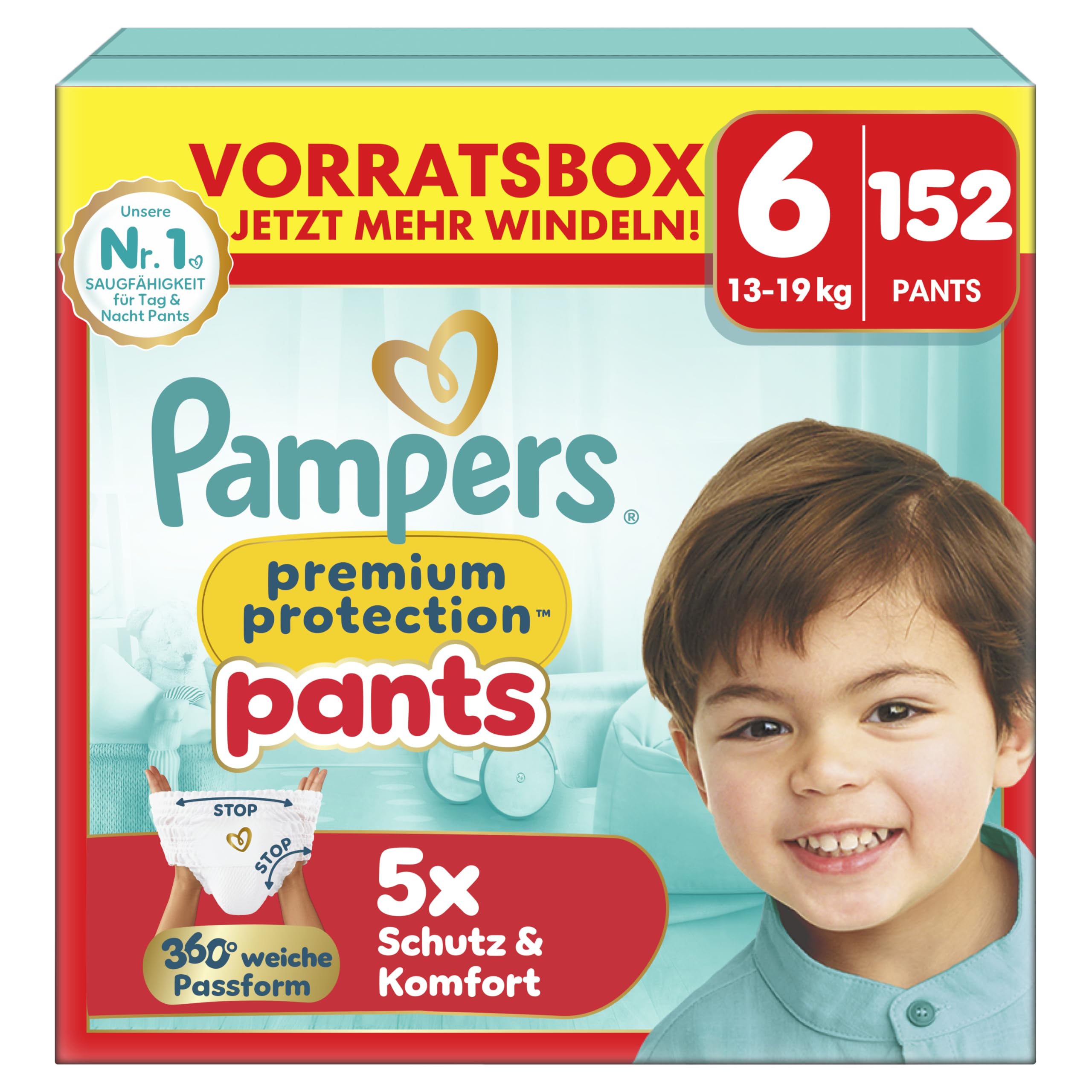 Pampers Premium Protection Pants Größe 6, 152 Windeln,13kg-19kg, mit 360° Passform und weichen Anti-Auslaufbündchen für unseren besten Komfort und Schutz