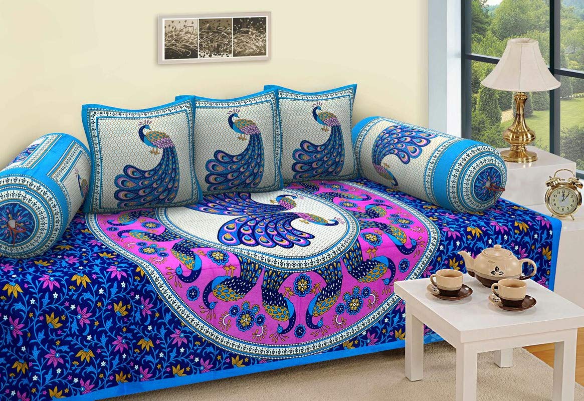 Orchid Homz Jaipuri Peacock Print Pure Cotton Diwan Set for Living Room,(1 Single Bedsheet, 3 Cushion Covers, 2 Bolster Covers) Set of 6 Size (60x90) Pink (B09Z2ZQT2T) Amazon Price History, Amazon Price Tracker