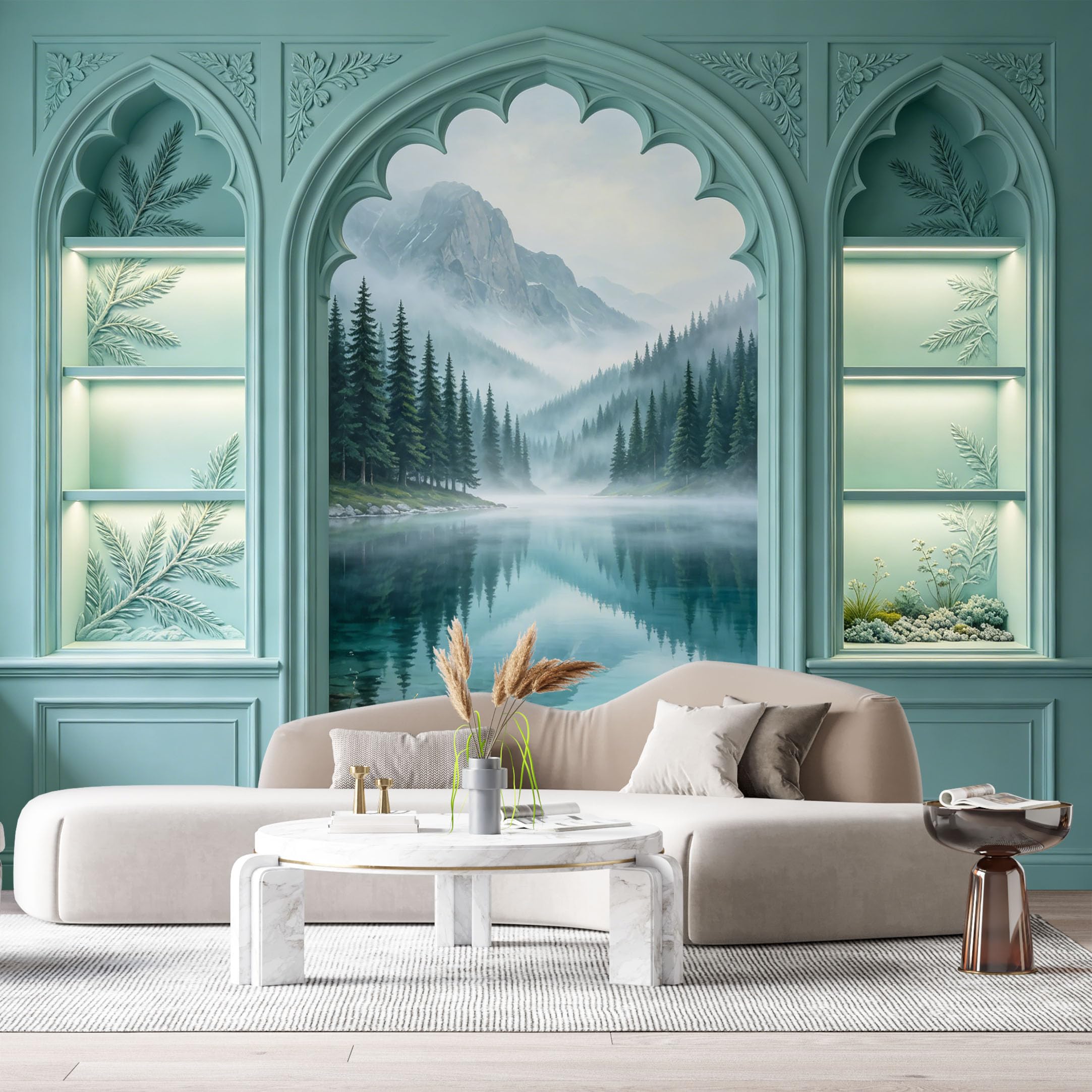 Custom Size Wall Murals Misty Mountain Lake Pine Tree 3D Trompe L'Oeil SelfAdhesiveWall Fabric Removable Wallpaper Wall Decor for Living Room Bedroom Bathroom