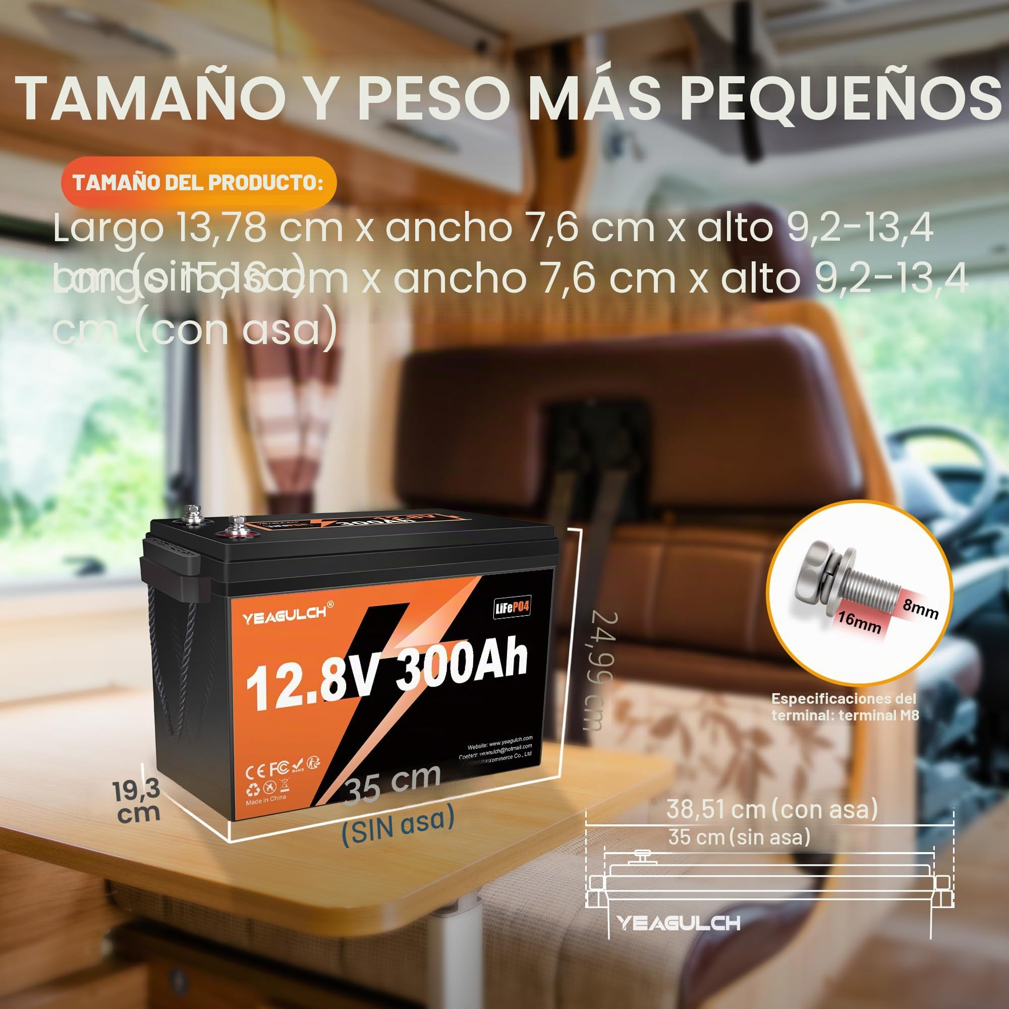 Yeagulch Batería de Litio LiFePO4 12V 300Ah con BMS 200A, 3840Wh | Protección de Baja Temperatura, 15000 Ciclos, para Autocaravanas de Larga Estancia, Inversores y Almacenamiento Solar