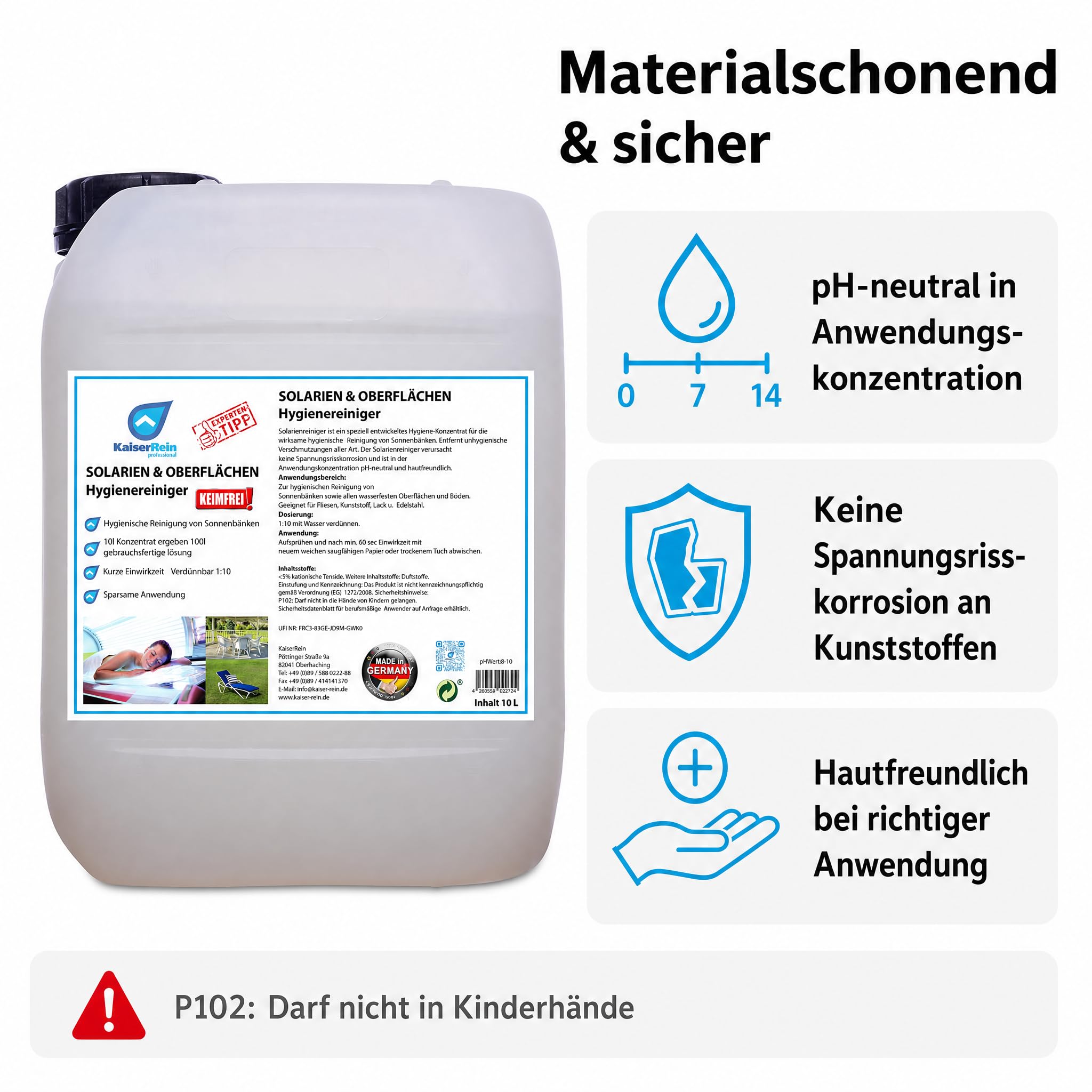 KaiserRein Oberflächenreiniger für Solarium & Sonnenbank, Hygienereiniger Konzentrat 10 L Kanister, pH-neutral & hautfreundlich, schonend zu Kunststoff, für Fliesen, Lack & Edelstahl, frischer Duft