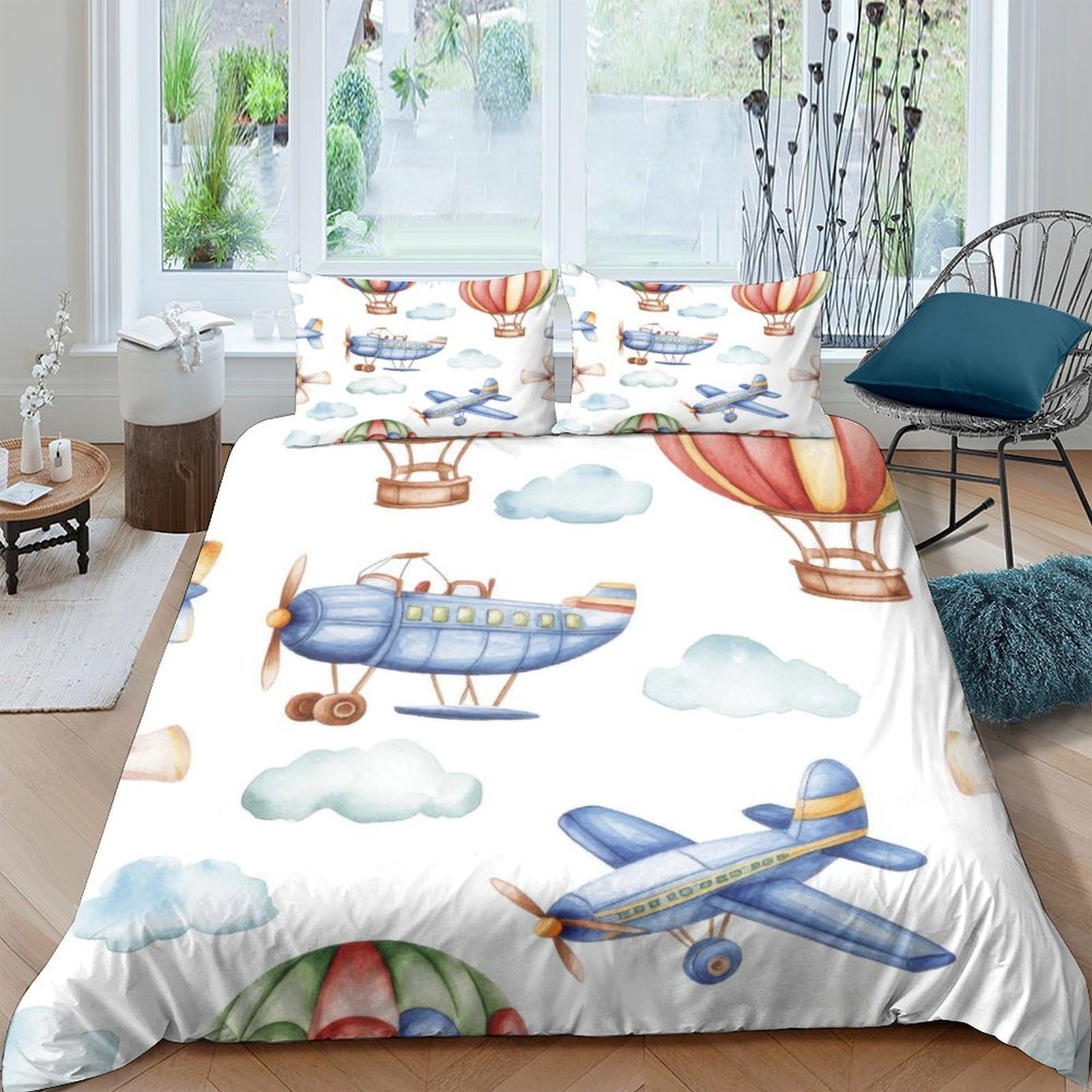 GPLZQXKJNH 3D Printed Vintage Airplane Duvet Cover Microfiber Soft Hot Air Balloon Bedding Set with 2 Pillowcases for Bedroom Decor Single（135x200cm）