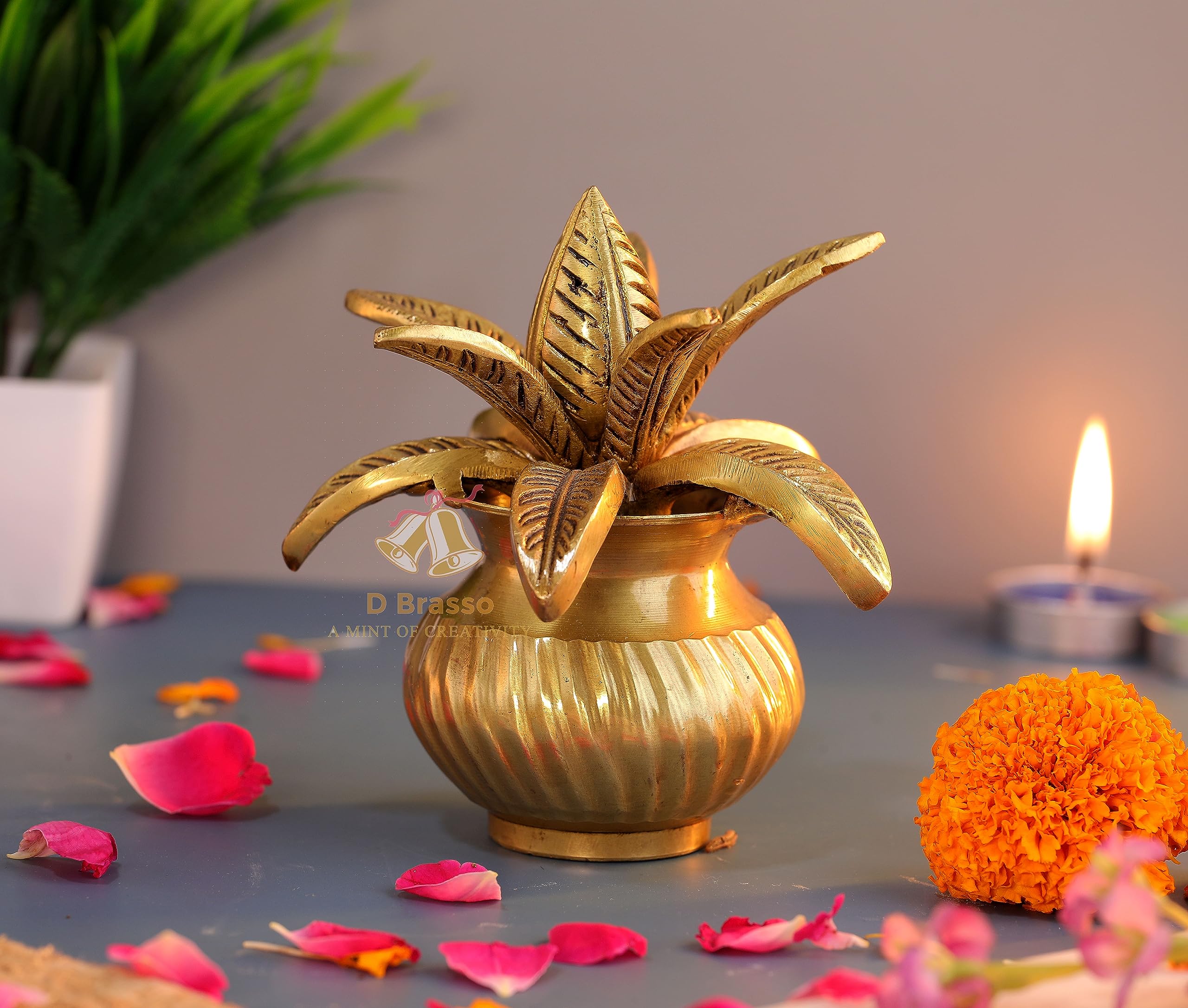 D Brasso 5 Inch Premium Brass Mangal Kalash with Coconut | Pital Kalash for Pooja, Mandir & Religious Rituals | Handcrafted Traditional Kalash Showpiece | 800 Grams (Pack of 1) 2