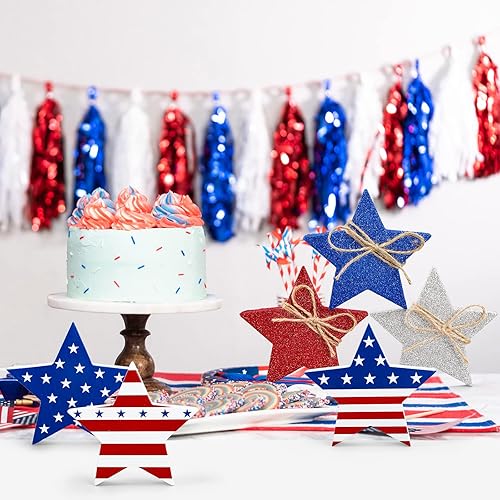 Miniatura 6 de Whaline 6 piezas de decoración patriótica de mesa de estrellas de madera, estilo clásico de estrella y purpurina, rojo, azul, blanco, 3.9 x 0.6
