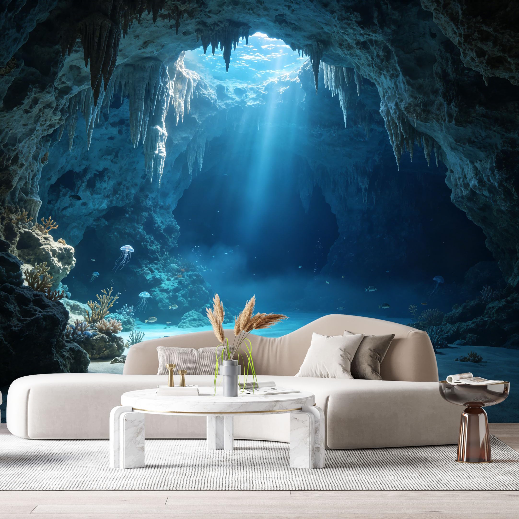 Custom Size Wall Murals Underwater Cave Ocean Marine 3D Trompe L'Oeil Jellyfish Coral SelfAdhesiveWall Fabric Removable Wallpaper Wall Decor for Living Room Bedroom Bathroom