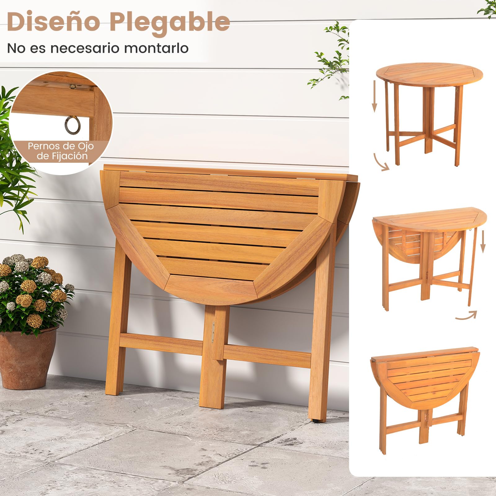 COSTWAY Mesa Plegable Jardín de Madera Acacia, 90 x 75 cm, Mesa Redonda de Comedor, Tablero de Listones, Jardín Porche Terraza Balcón Exterior Interior, Sin Montaje