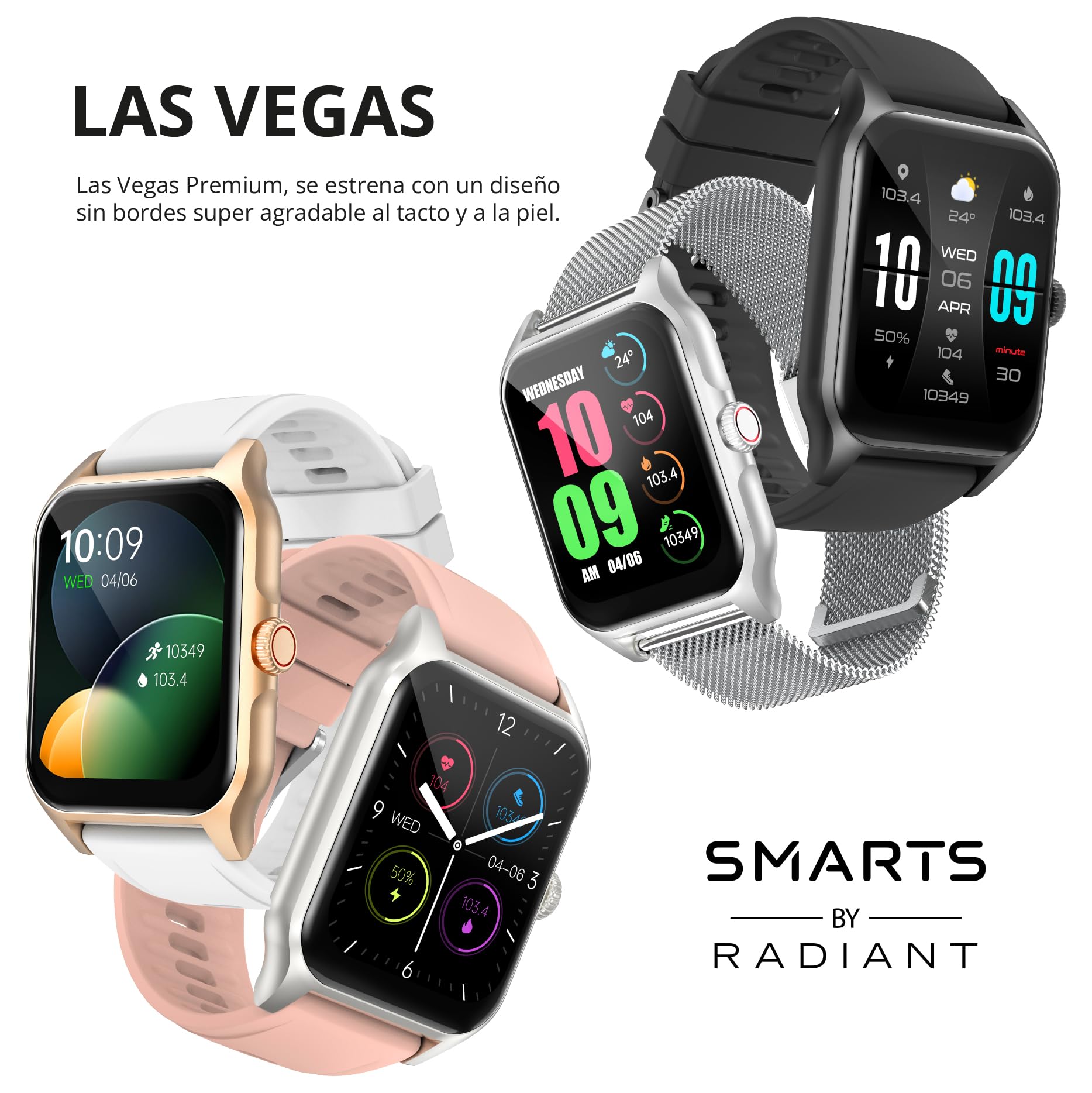 Radiant LAS Vegas Premium 2 – smartwatch czarny – zegarek unisex – dla mężczyzn i kobiet z funkcją telefonu – sport, krokomierz, kalorie, monitor snu, powiadomienia – kompatybilny z systemem