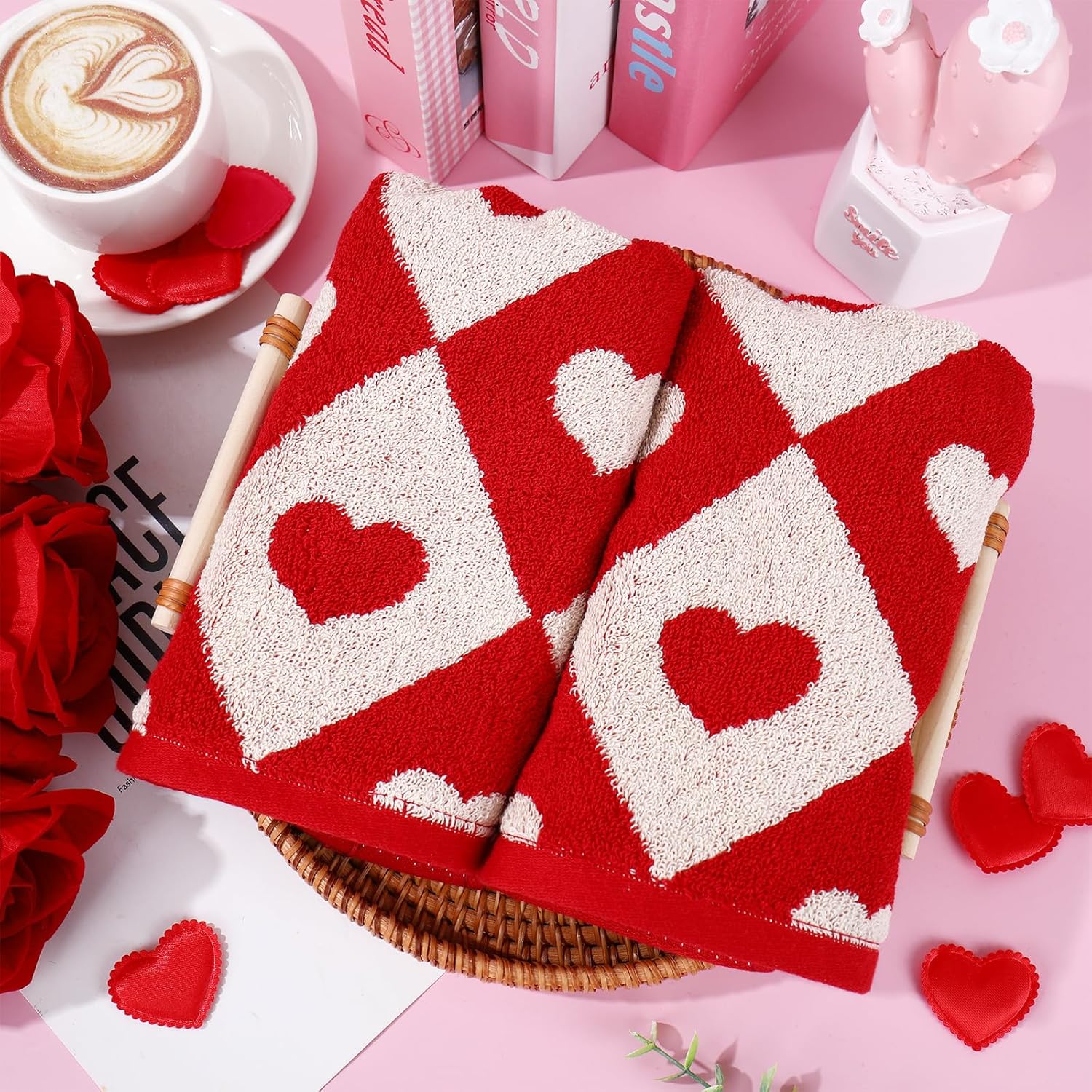 JarThenaAMCS 2Pcs Valentine’s Day Hand Towels Jacquard Cotton Bath Towel Checkered Heart Decorative Dish Towel for Holiday Home Kitchen Bathroom Decor Gift Set - Image 4