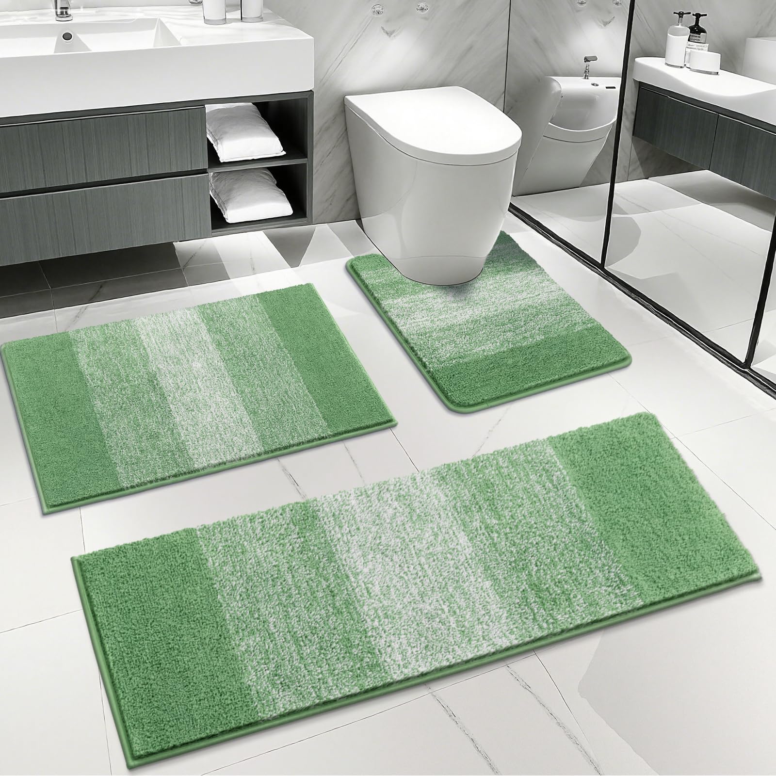 Enyhom Badezimmerteppich Set 3 Teilig, Weich Dicker Mikrofaser Badematte und WC Toiletten Teppich, Grün Badteppich rutschfest Waschbar, Super Saugfähig Schnelltrocknend Badgarnitur 3 Teilig Stand WC