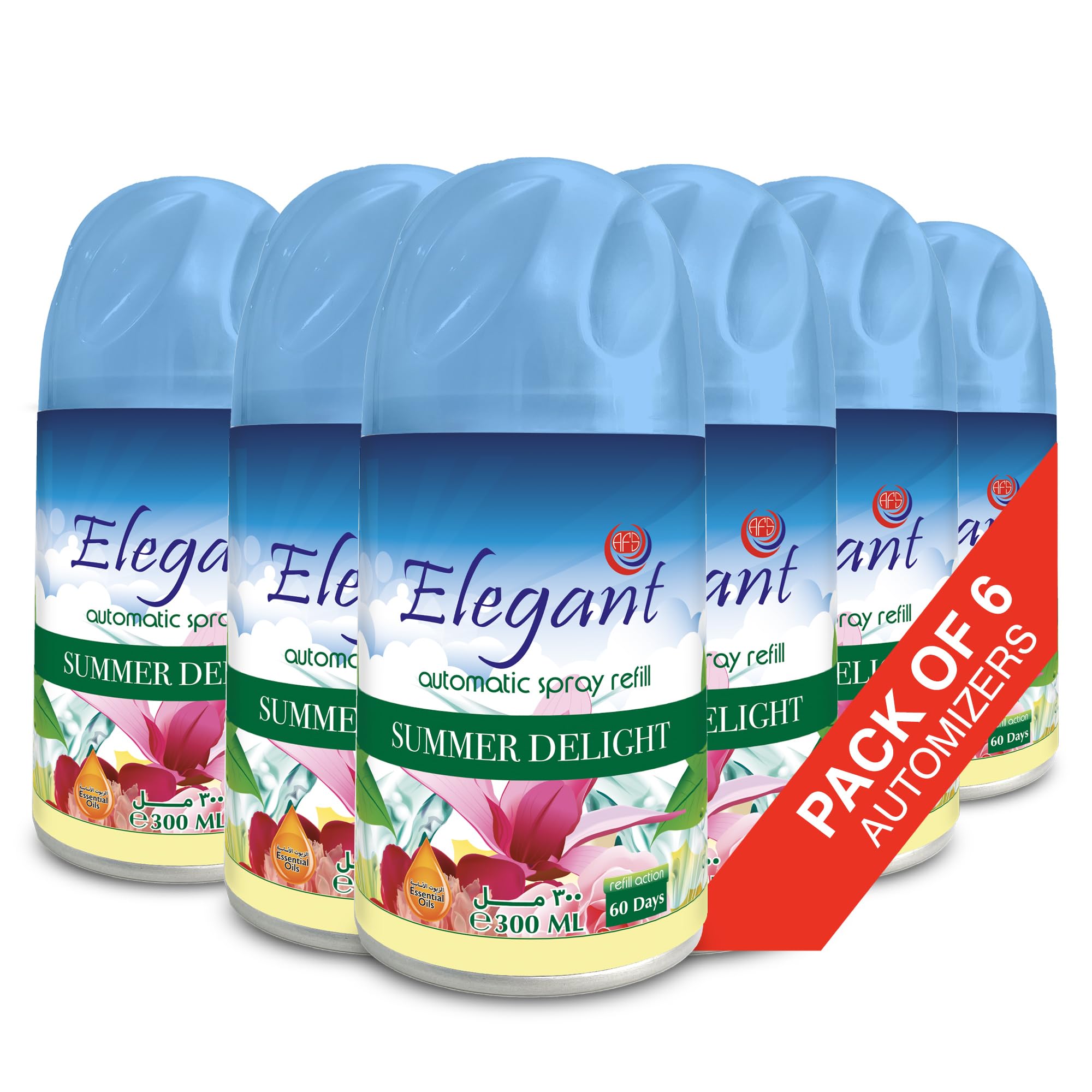 Elegant Automatic Spray REFILL – Summer Delight – 300ML – Pack of 6, 6-Pack (300ML x 6 Pcs) – Air Freshener REFILL for Home And Bathroom, Made With ESSENTIAL OILS (Pack of 6)