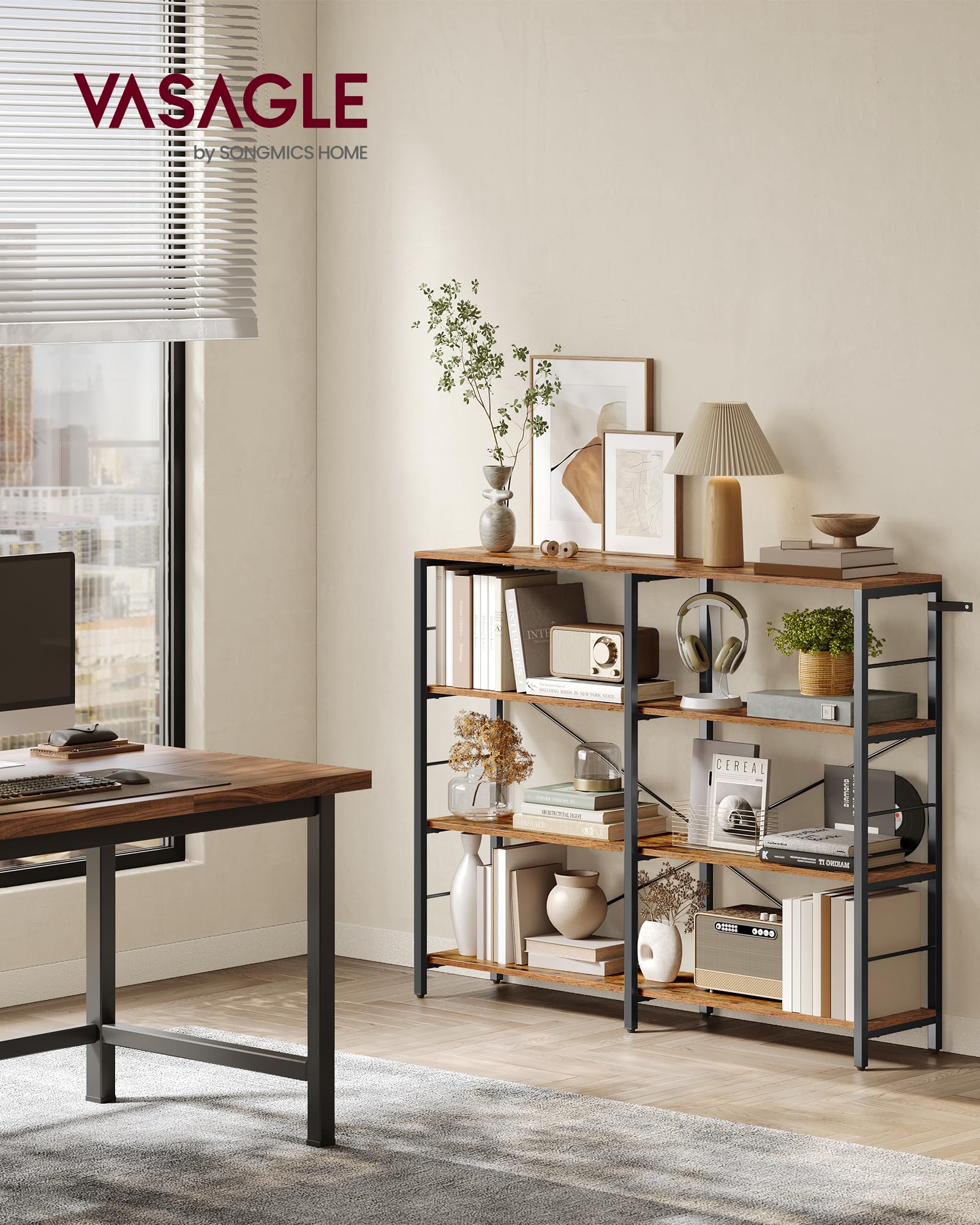 VASAGLE Libreria a 4 Livelli, Scaffale Portaoggetti, 30 x 120 x 109,4 cm, Stile Industriale, per Soggiorno, Studio, Balcone, Cucina, Marrone Vintage e Nero Inchiostro LLS131K01