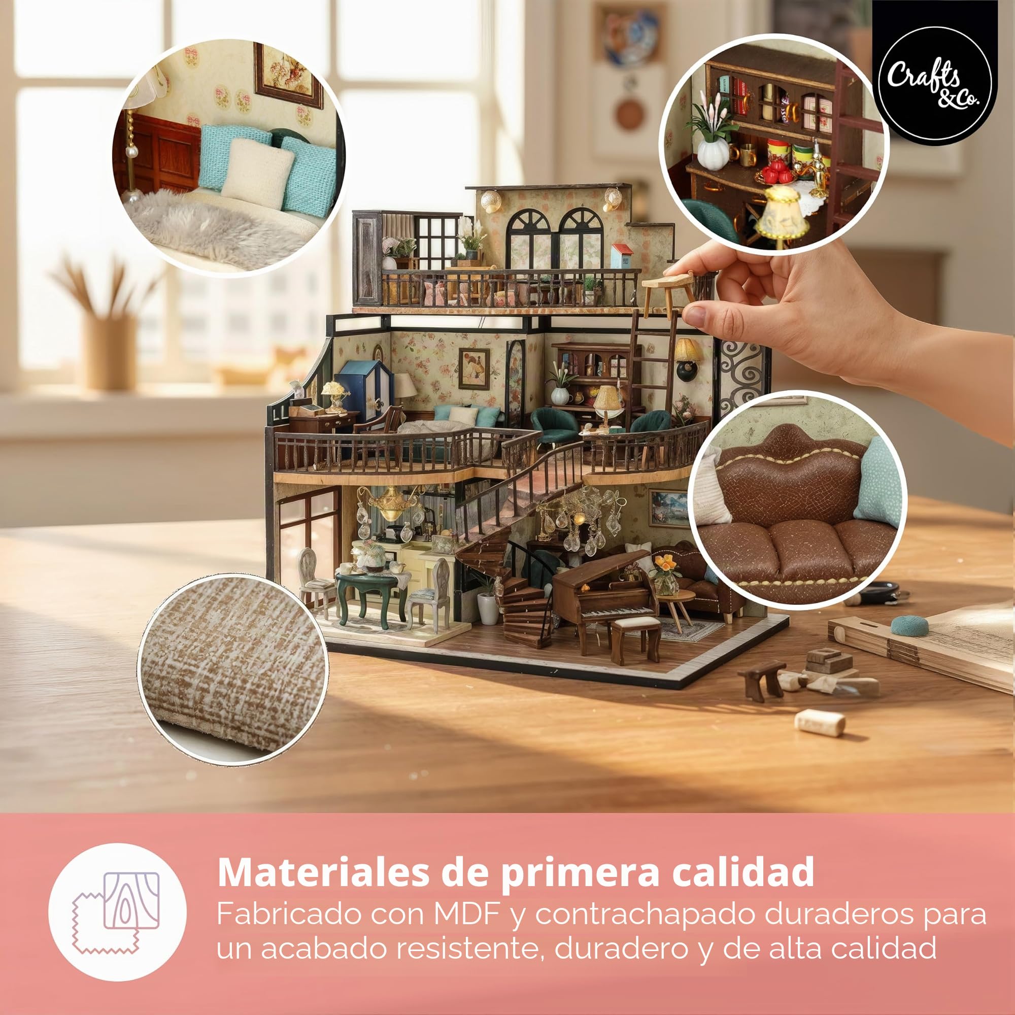 Crafts&Co® DIY Casa en Miniatura con Muebles | Adulto DIY Casa de Muñecas | Modelo de Casa de Madera con Luz | 1:18 | Villa de Ensueño