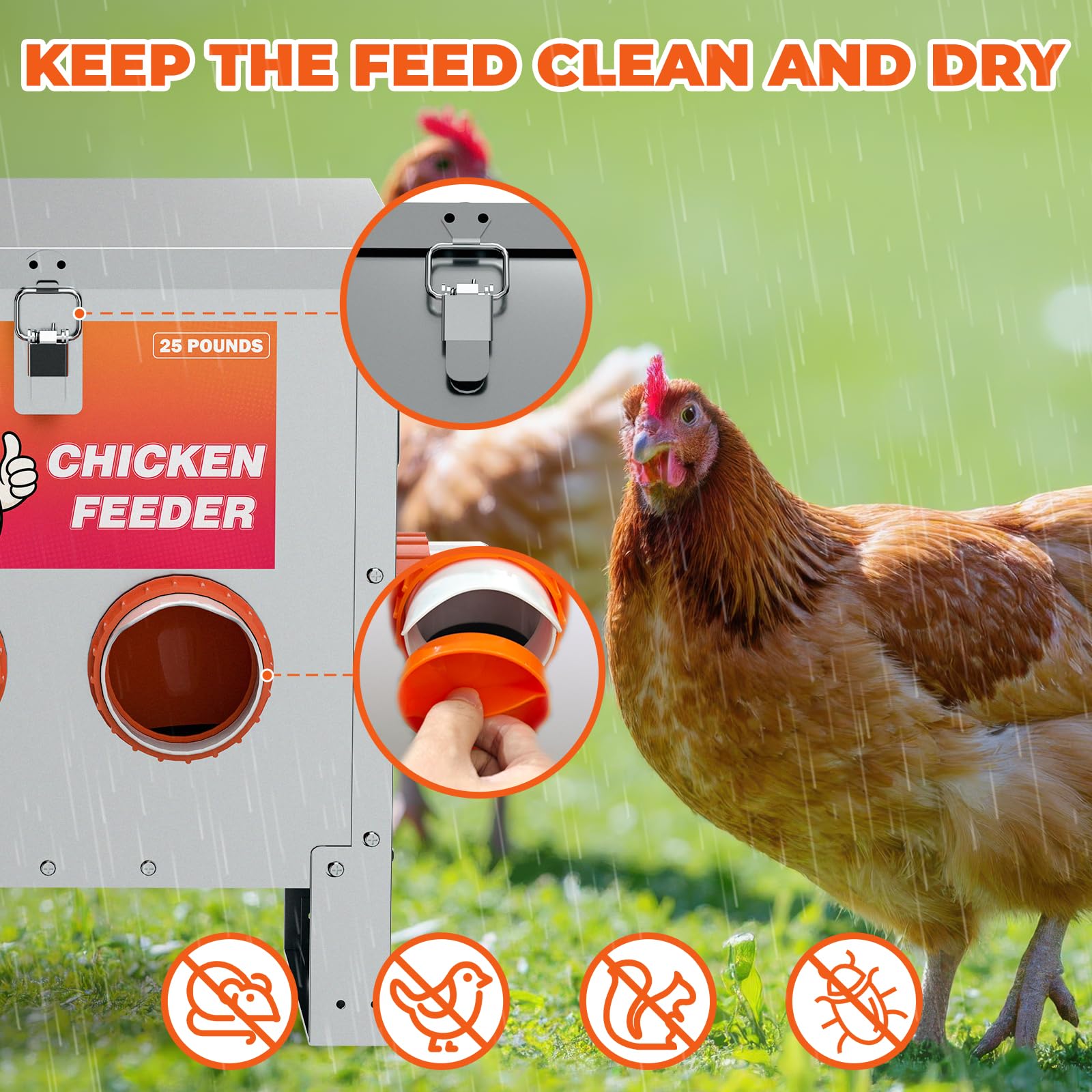 Comedero de metal para pollos, sin residuos, 25 libras, 4 puertos, alimentador automático de aves de corral con pestillo y mango para pollos, bantamas, faisanes, aves de corral, gallinero, a