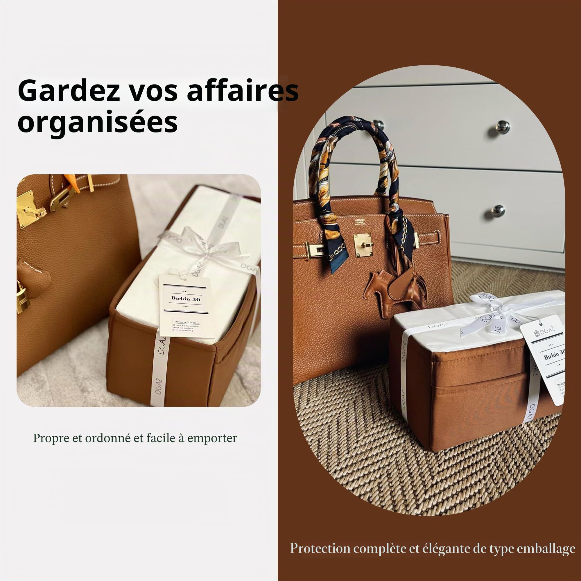 DGAZ Organisateur de Sac en Soie pour Hermes Birkin (30, Gold) | Soie Premium, Ultra Léger, Maintien de Forme Parfait, Protection Anti-rayure pour Sac de Luxe