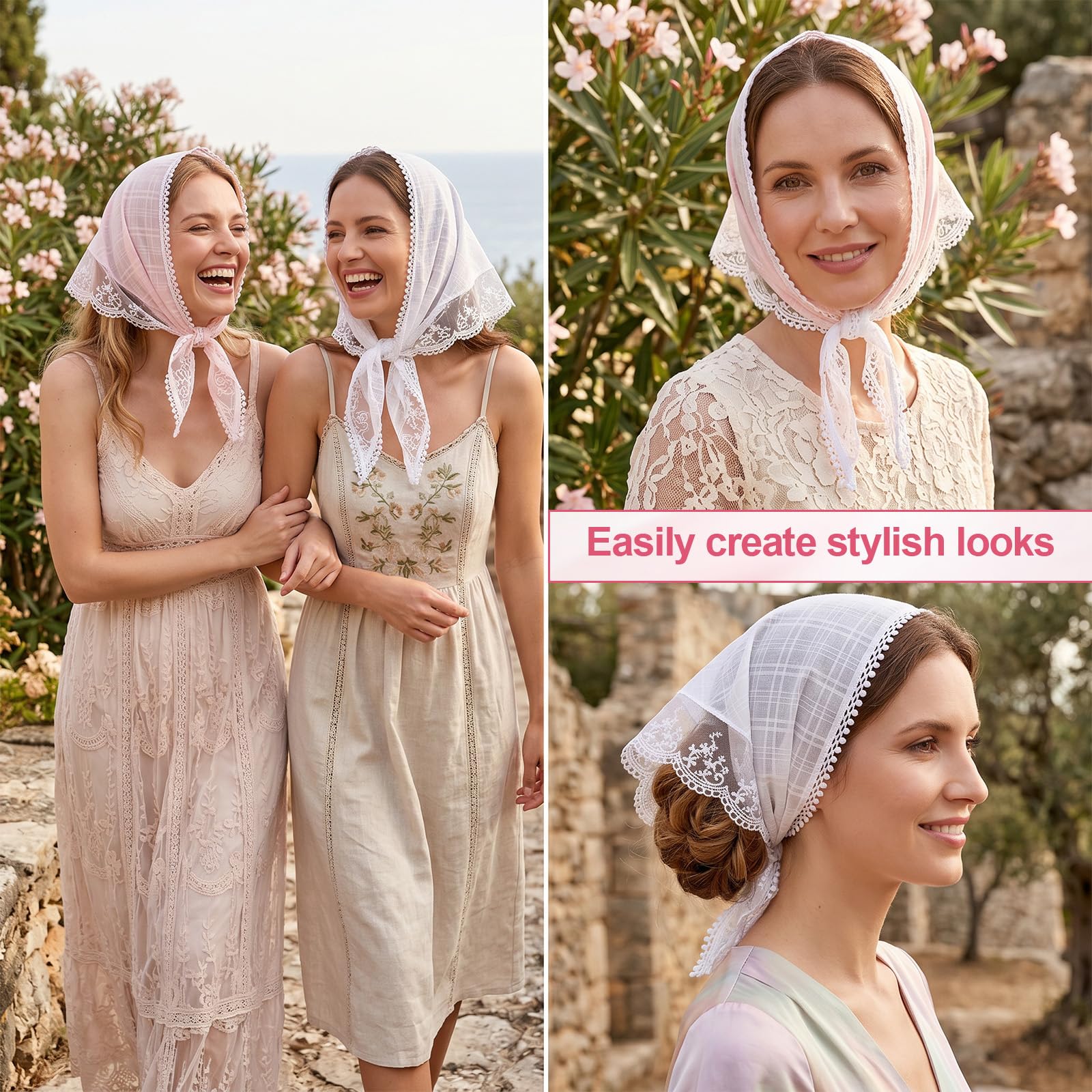 2er-Pack Spitzen-Bandanas, Kopftuch für Damen, süßes, stylisches Dreiecks-Kopftuch, weißes Haarband für Hochzeiten, Braut-Accessoires fur Frühling und Sommer (Weiß/Rosa)