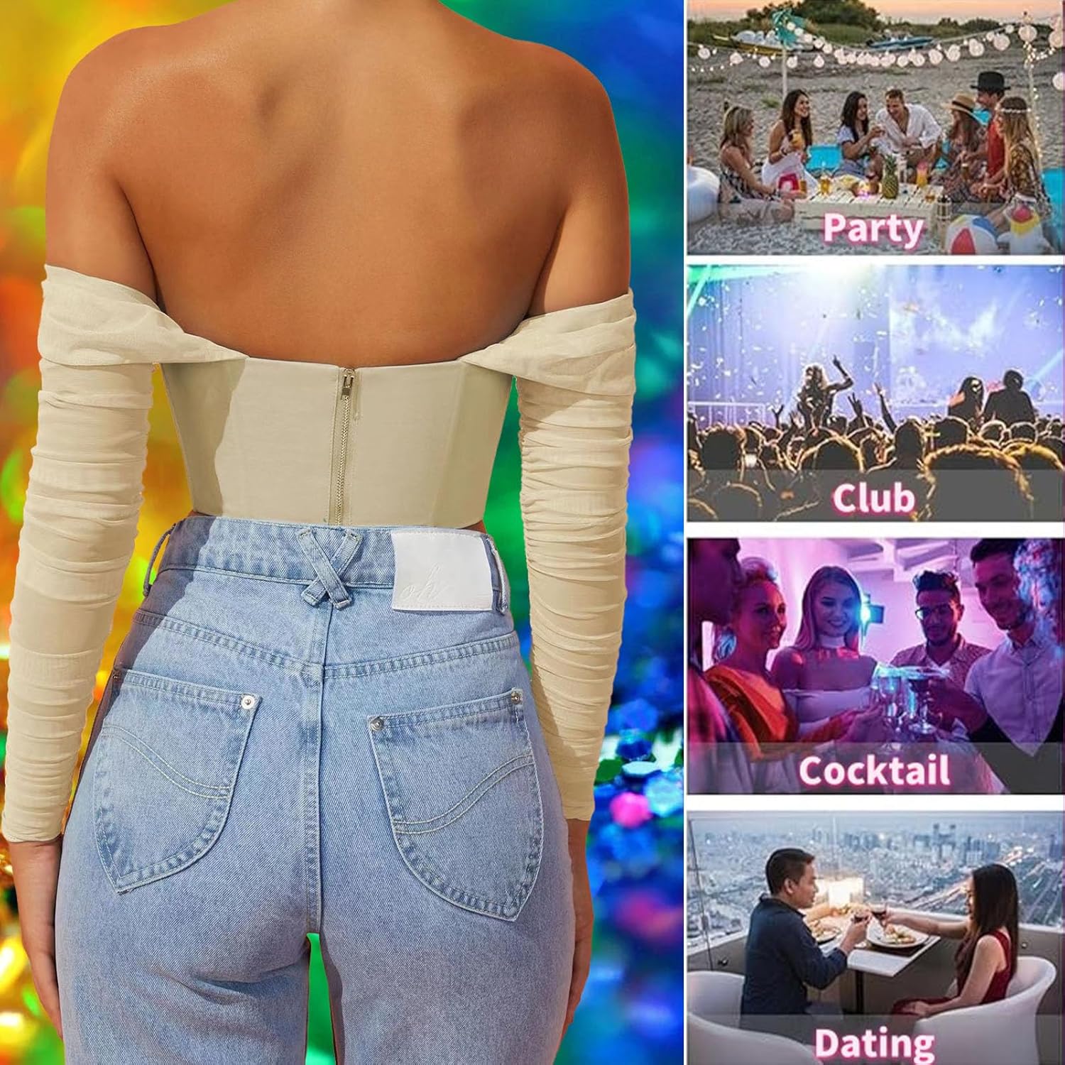 Size S/M..Corset Tops for Women Off The Shoulder Crop Long Sleeve Bustier Boned Concert Going Out Tops