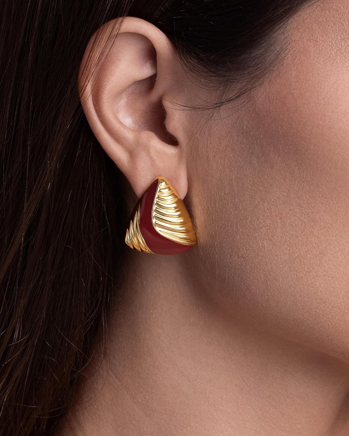 18K gold plated Enamel Triangle Stud Irregular Statement Earrings for Women by SNGIA, Bold Geometric Handmade Charm Trendy Bohemian Jewelry Gifts, Unique Baroque Summer Beach Fashion Earrings Accessories, Vintage Nickle Free Huggies Earrings. (Yellow 18K gold plated, Burgundy) - Image 4
