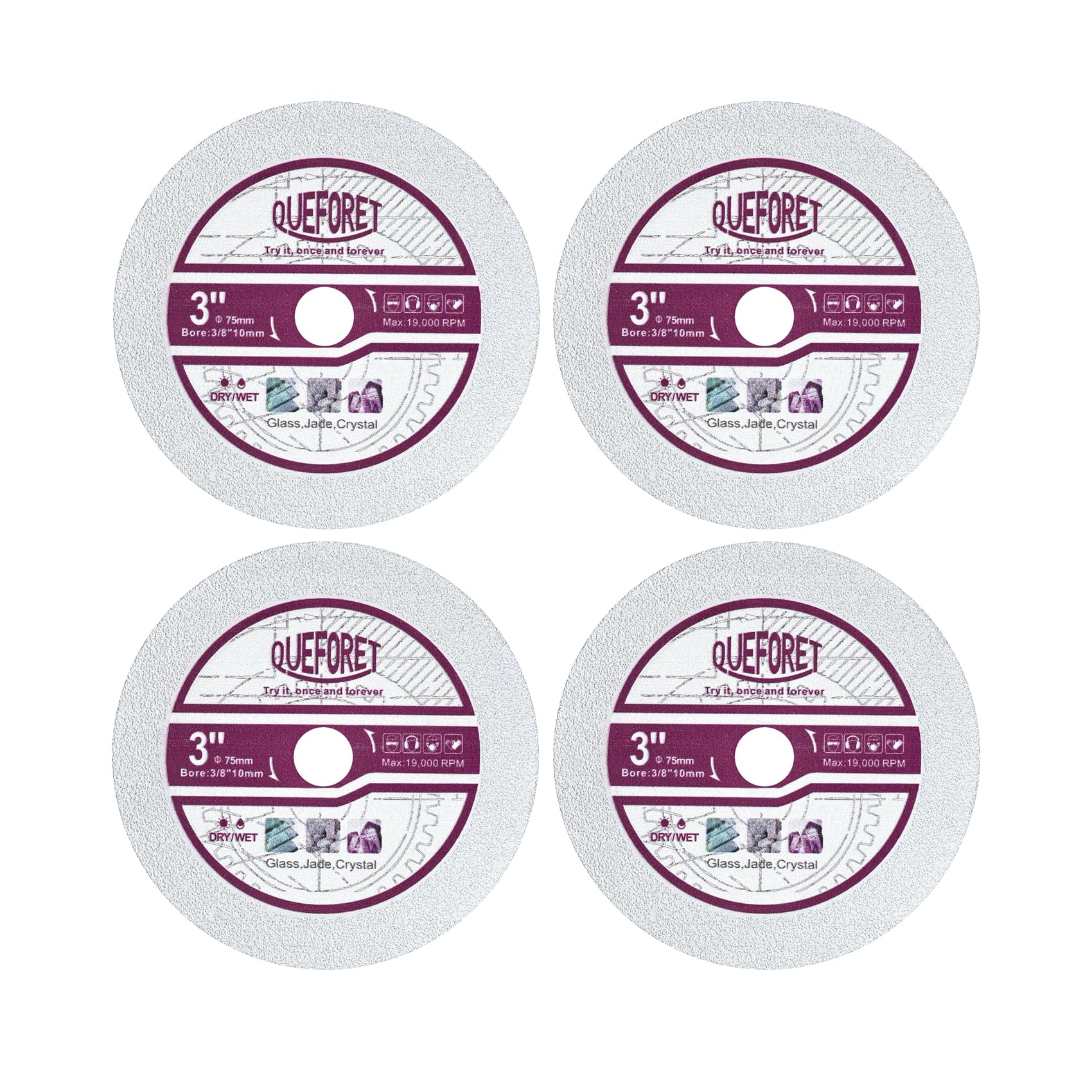 QUEFORET 75mm Diamond Glass Cutting Discs 4pcs - Cut Off Wheel for Glass Jade Crystal Wine Bottles, with 10mm Arbor